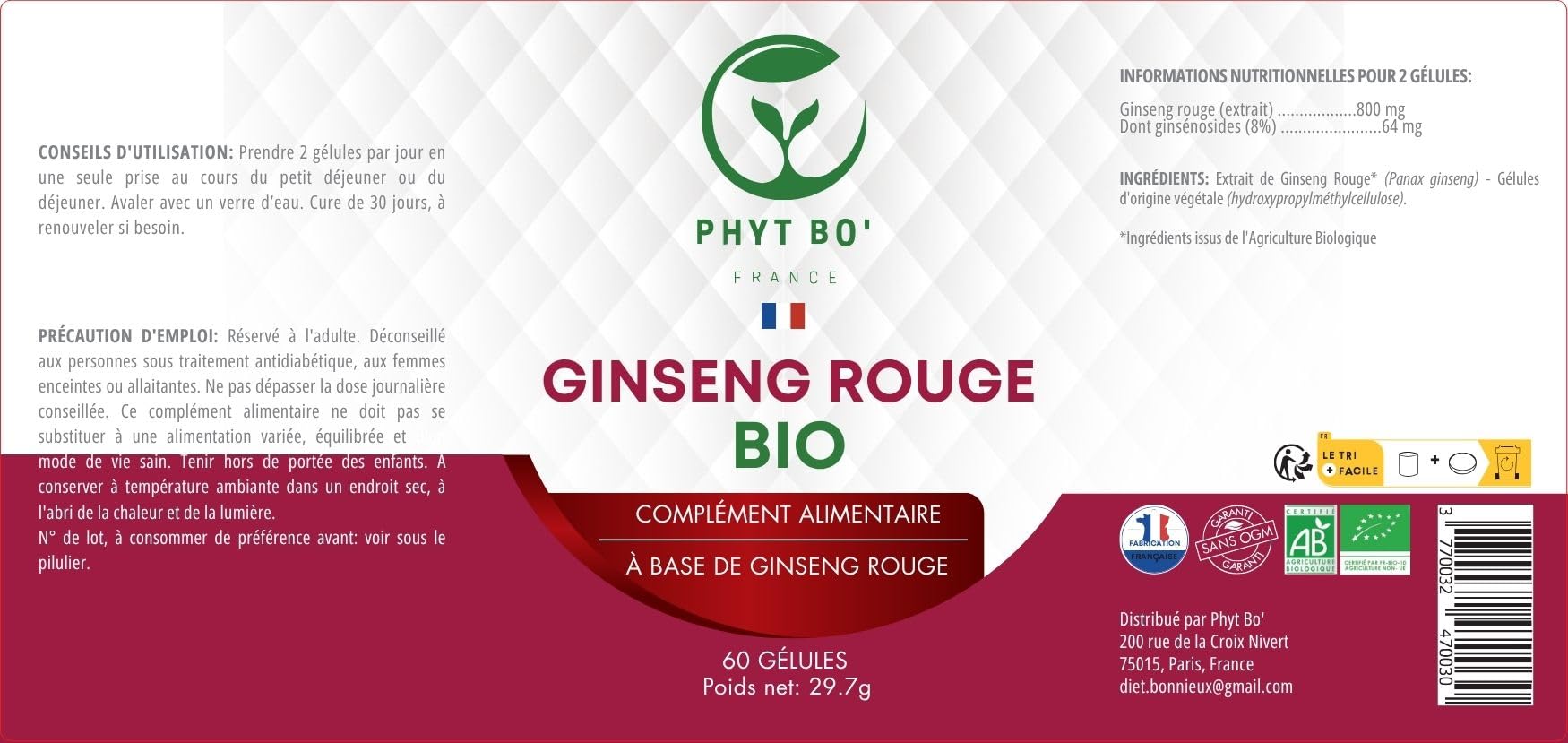 Phyt Bo’ Ginseng Rouge Bio Panax – 90 Gélules Végétales – Qualité Premium – Pur et Naturel - Certifié Bio – Sans Additifs ni Conservateurs