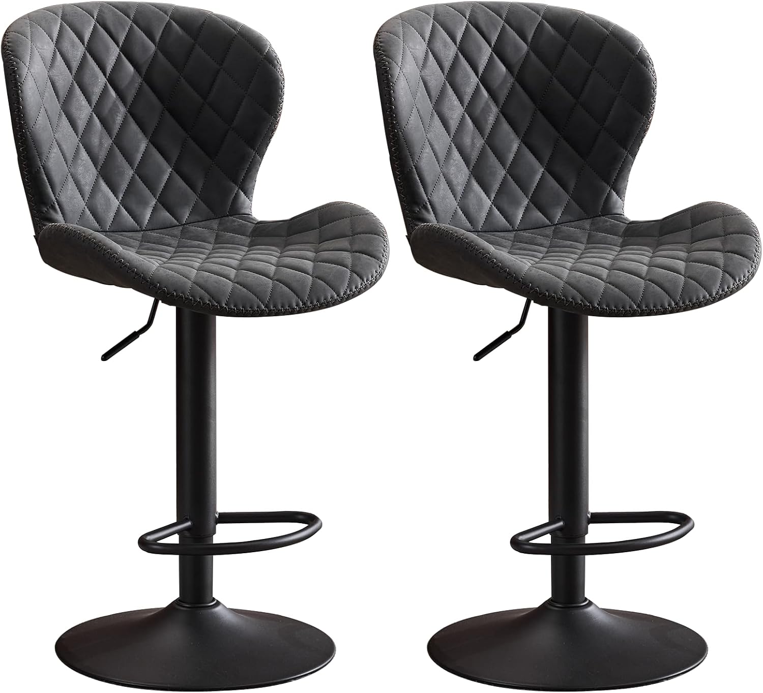 AEDI Bar Stools Set of 2, Adjustable Swivel Counter Height Upholstered Bar Chairs with Back, Distressed Faux Leather & Handcrafted Heavy Stitching for Kitchen Island,Bar,Black
