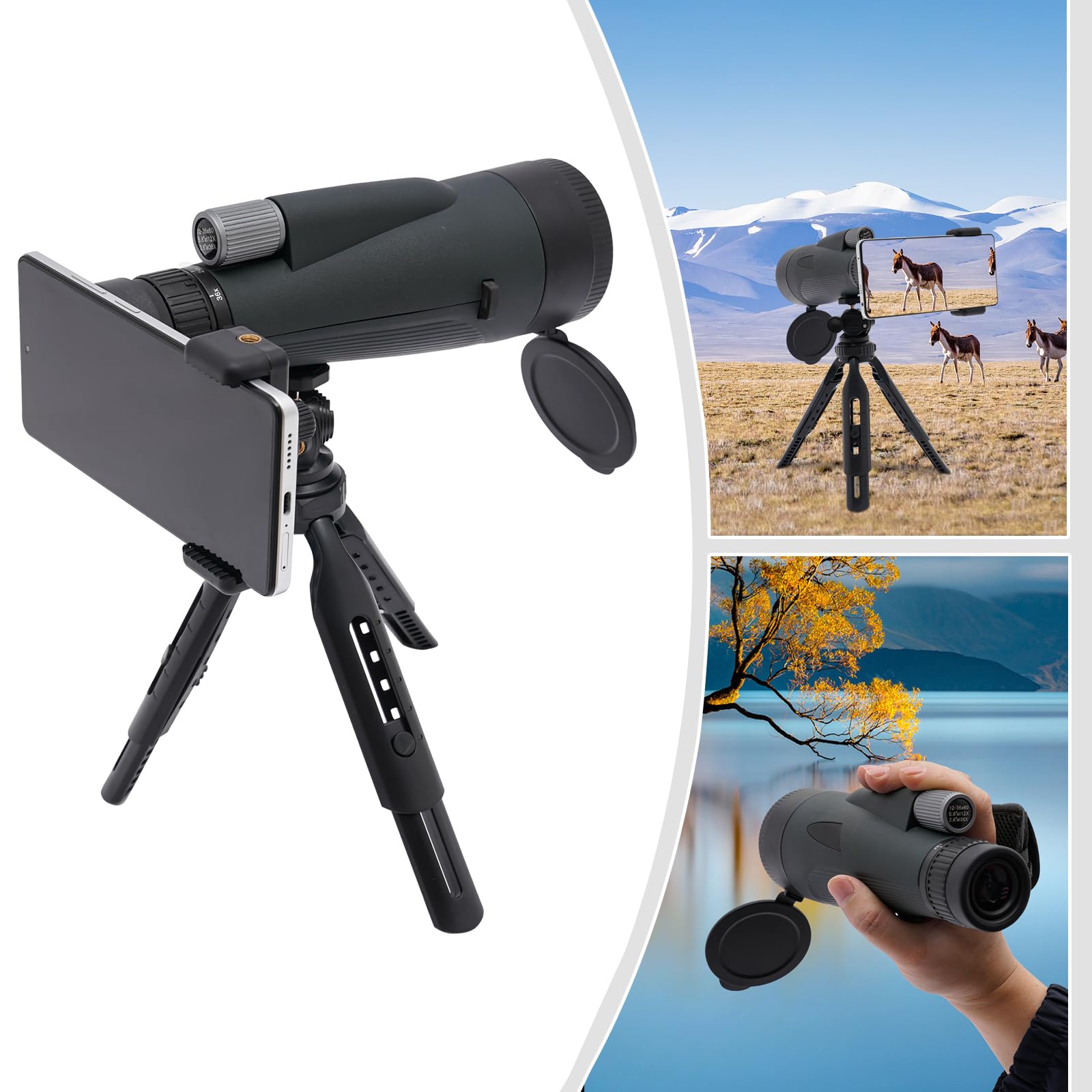 Telescopio monoculare HD 12×42, con Supporto per Smartphone Treppiede Monocolo con Prisma BAK4 Impermeabile per Adulti Adatto per concerti di Viaggio per Birdwatching Telescopio monoculare HD 12×42, con Supporto per Smartphone Treppiede Monocolo con Prisma BAK4 Impermeabile per Adulti Adatto per concerti di Viaggio per Birdwatching