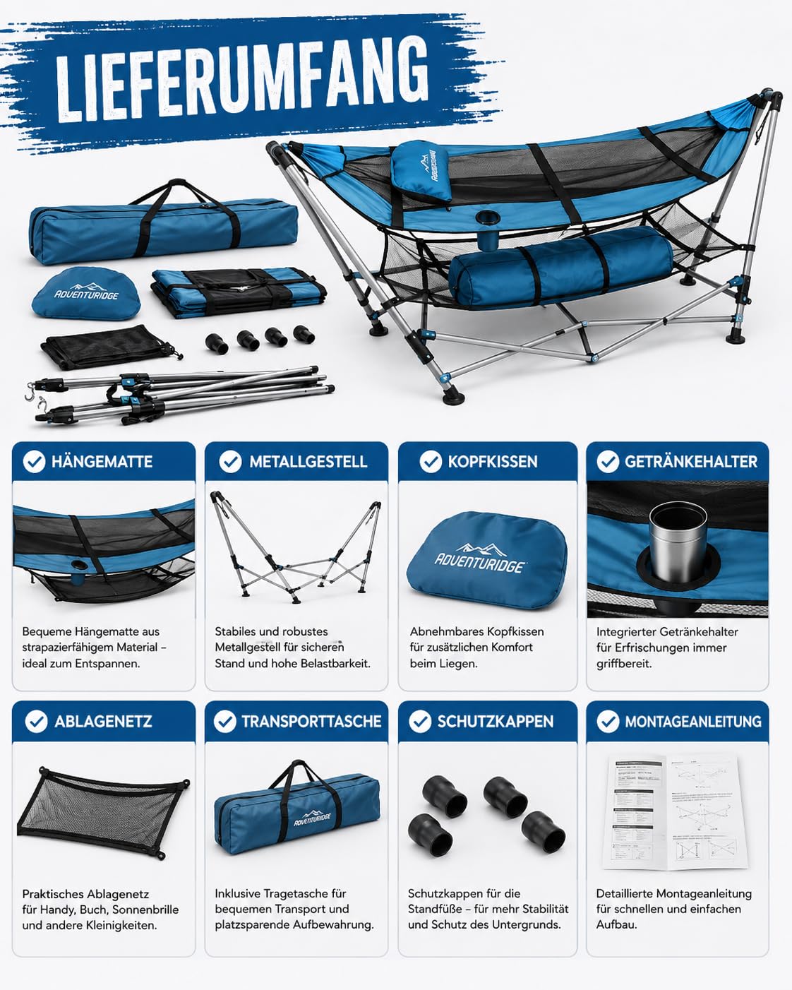 Camping Hängematte mit Gestell Klappbar bis 135 kg – Gartenhängematte Tragbar mit Kissen, Getränkehalter & Tasche – Outdoor Hängematte für Garten, Balkon, Terrasse, Camping & Reisen