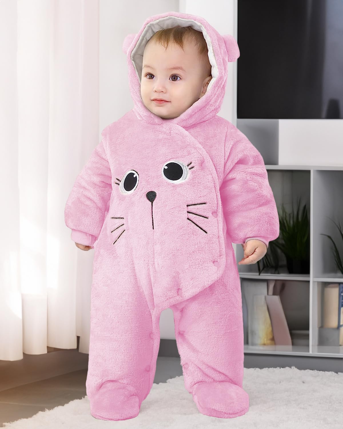 Salopette per Neonato Romper Invernale in Flanella Playsuit con Piedini Felpa con Cappuccio Cartoon,Rosa 0-3 Mesi