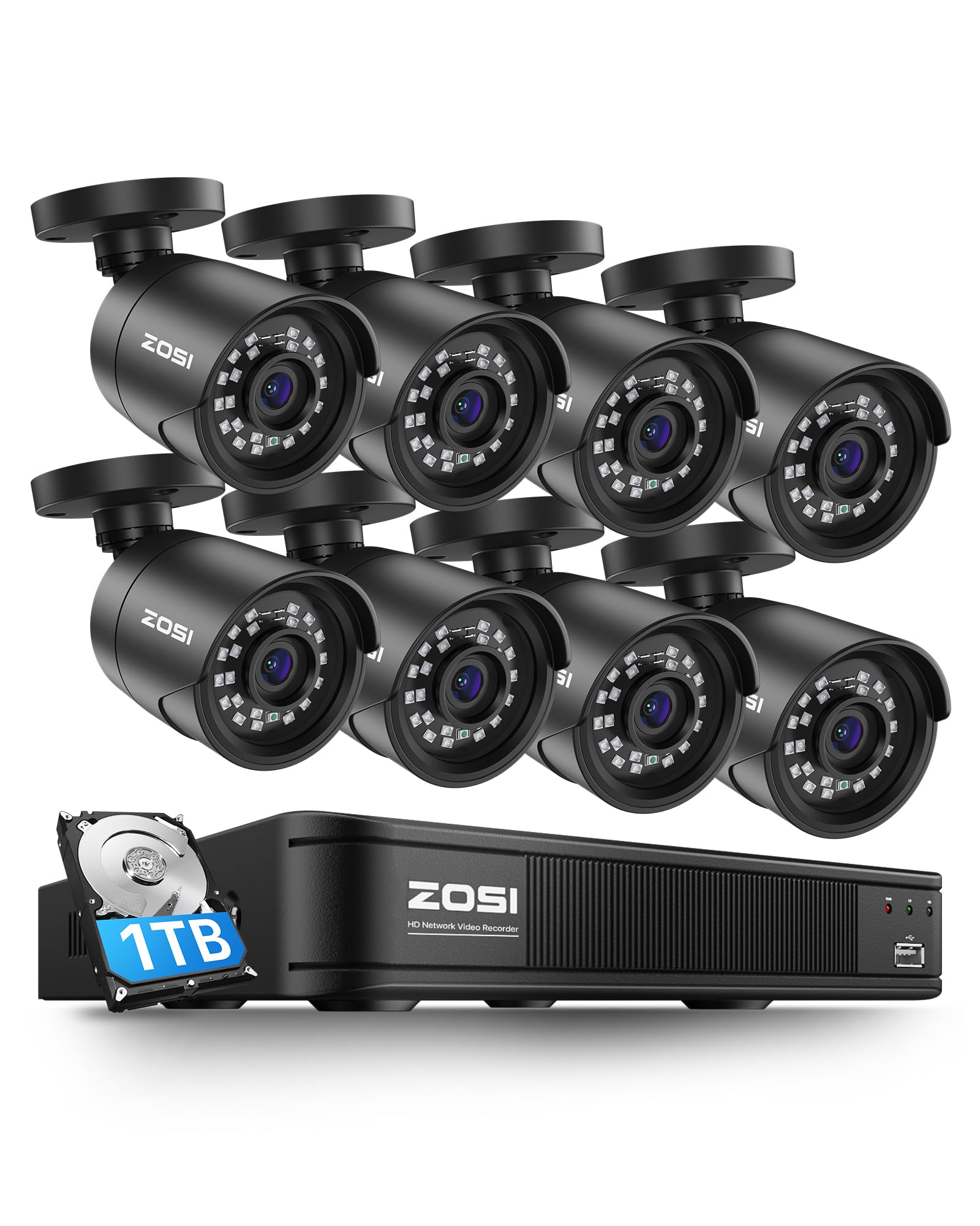 ZOSI 3K Lite Home Surveillance Security Camera System with AI Human Vehicle Detection, 8CH H.265+ CCTV DVR and 8 x 2MP 1920TVL Wired Weatherproof