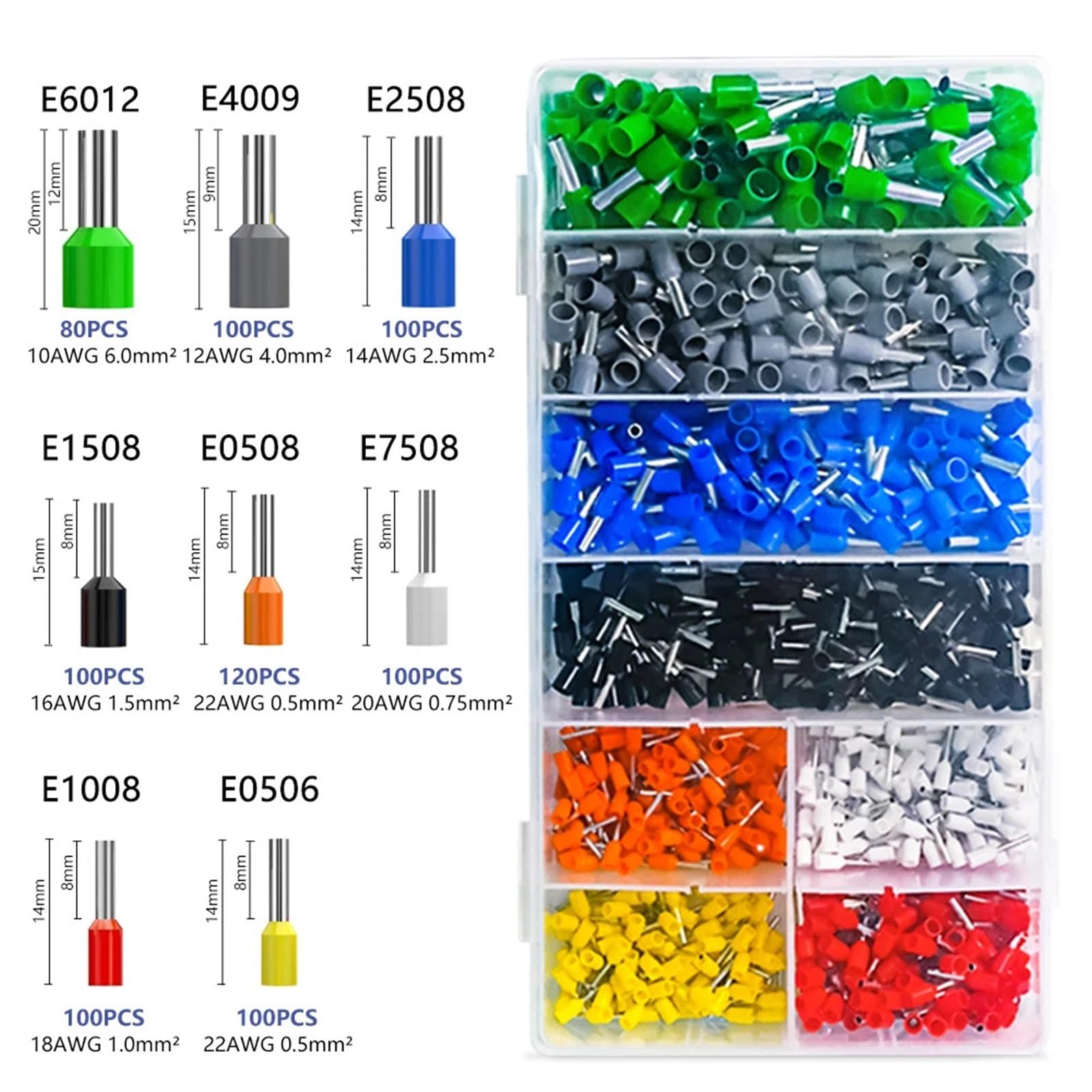 JDOUNFMO 800-1900Pcs Insulated Crimp Ferrule Terminals Kit, Nylon E0506/1008/0508 Multi-Size Electrical Connectors for Industrial Use(800 PCS)
