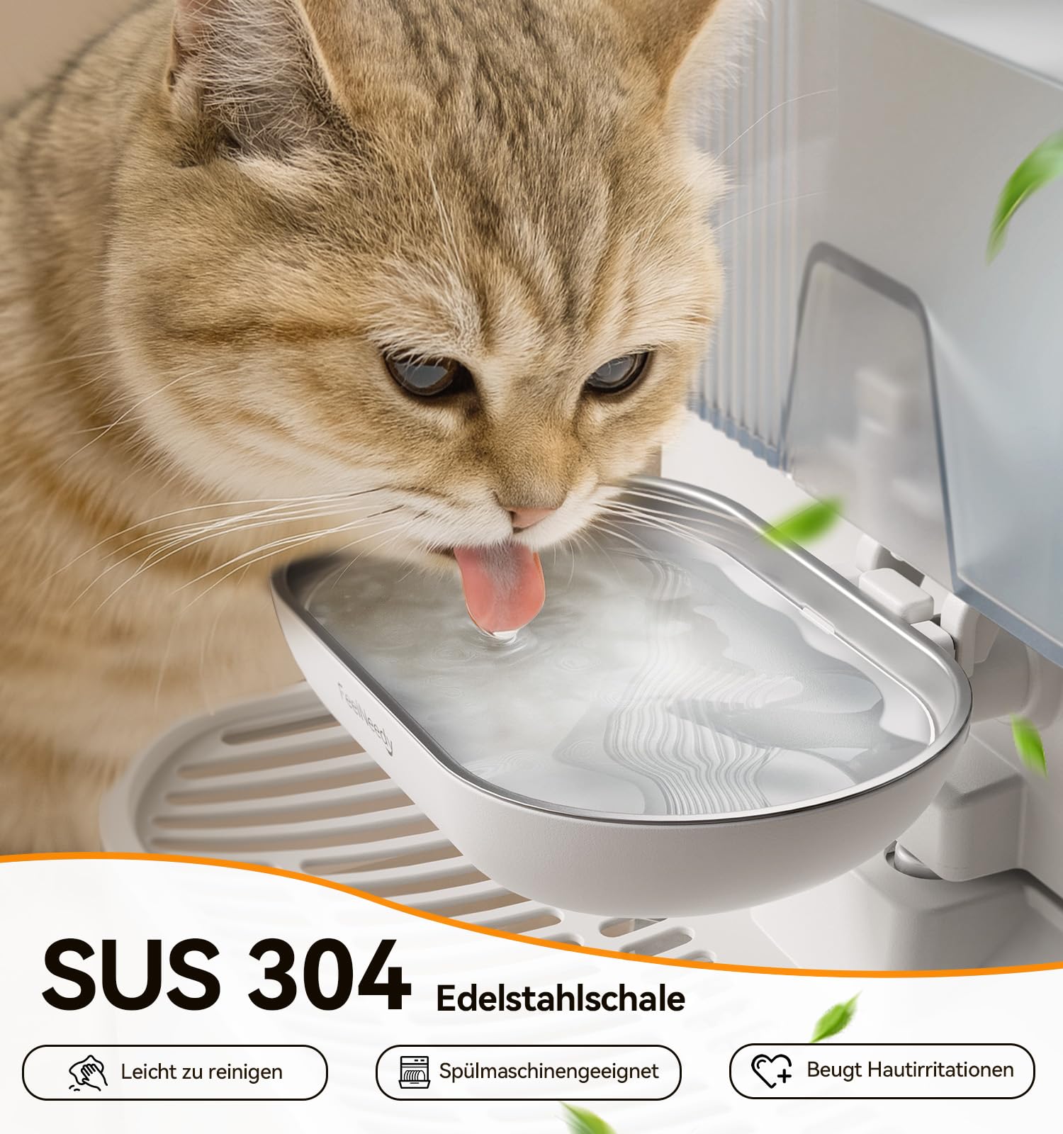 Trinkbrunnen für Katze Kabellos ohne Filter, FEELNEEDY Frischwasser getrennt von Abwasser ohne Wasserkreislauf, 2000mAh Akkubetrieb Katzenbrunnen, Trinkschale aus Edelstahl, 3,5L Tank (Weiß)