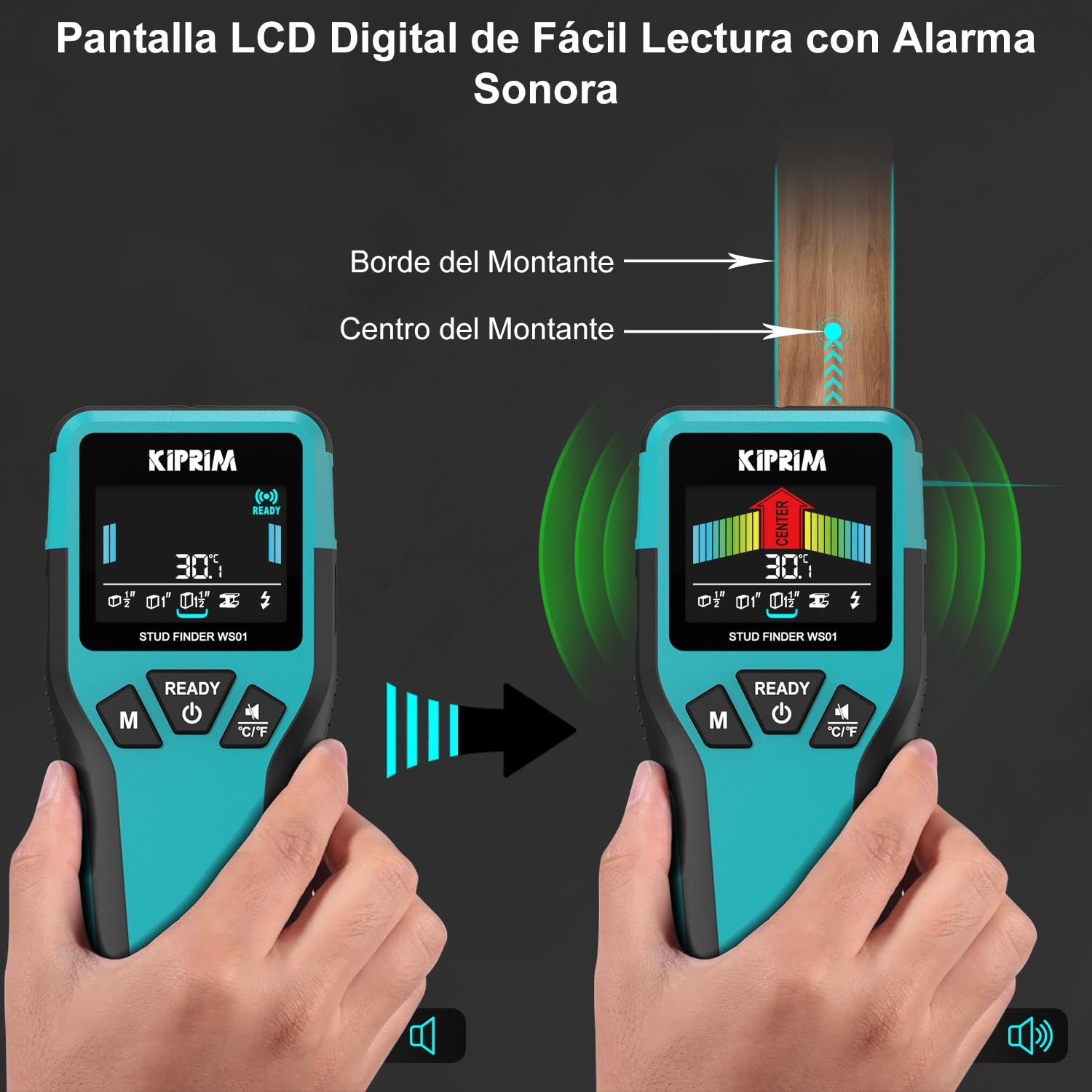 Kiprim Detector de Metales y Vigas, Detector de Pared 5 en 1 Profesional, Localiza Madera (13/25/38mm), Metales (45mm) y Cables AC Vivos (70mm) con Pantalla LCD e IP54 - WS01