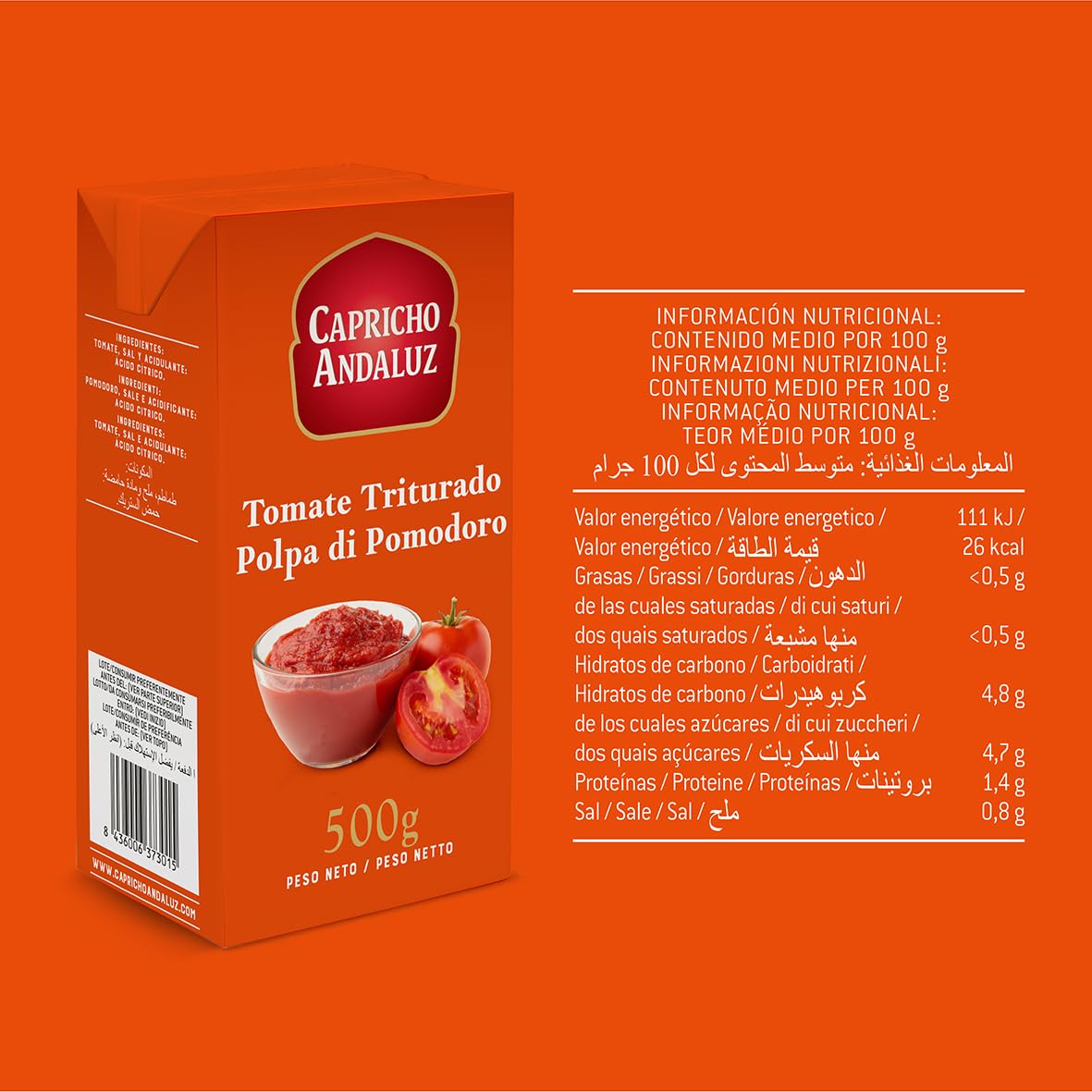 Capricho Andaluz - Tomate Triturado Natural Brik 500 g, Sabor Puro y Fresco, Sin Conservantes, Listo para Salsas, Guisos, Sopas y Recetas Caseras