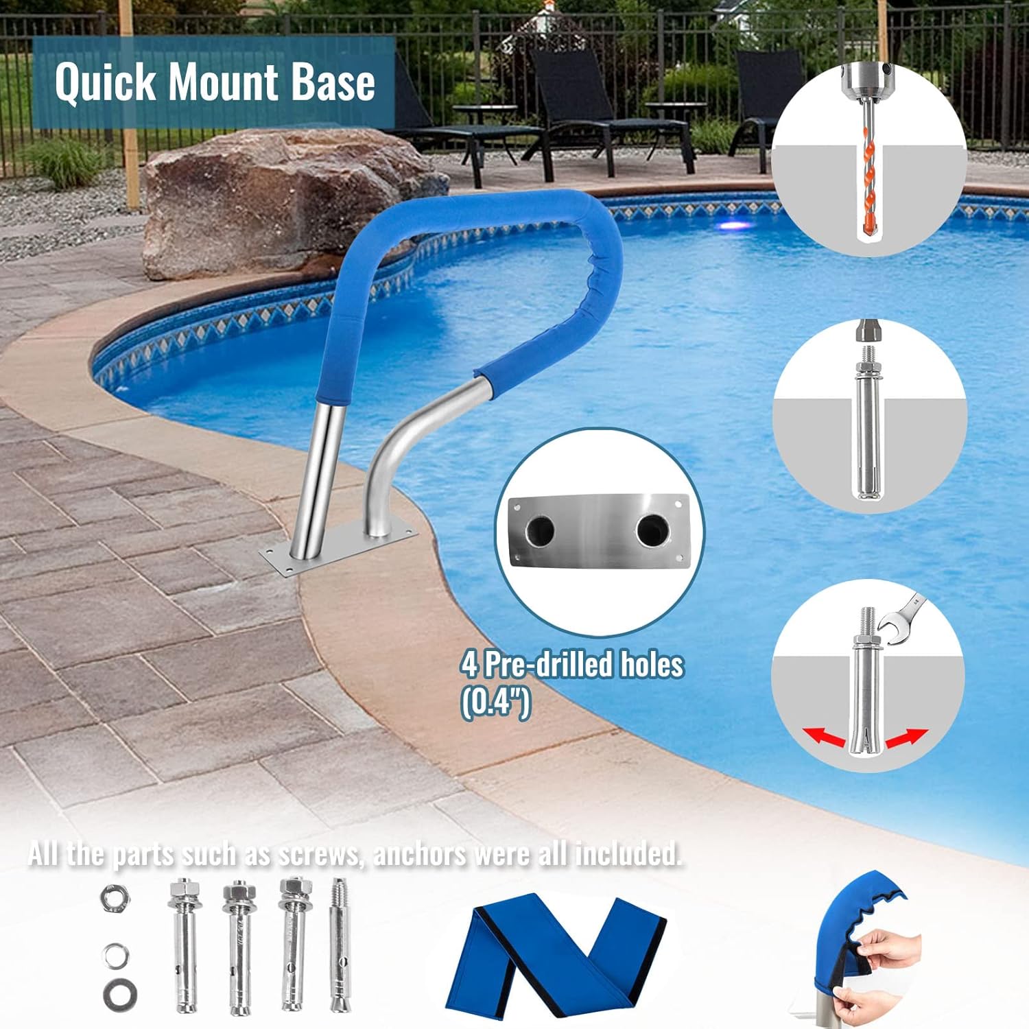 Swimming Pool Handrails, Easy-to-Install Pool Safety Railing, 304 Stainless Steel Spas Stair Handrails for Garden Backyard Pools