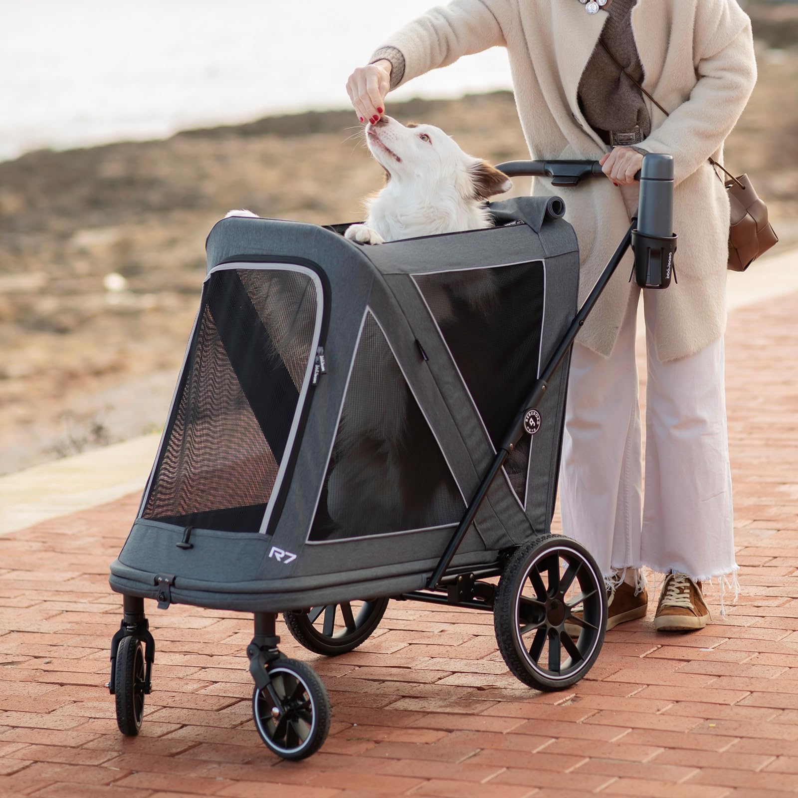 Beberoad 2-in-1-Hundebuggy & Fahrradanhänger für große Hunde, R7 All-Terrain Haustier-Kinderwagen mit ER-Reifen und Stoßdämpfung, Ein-Sekunden-Faltung, 360°-Netz-Belüftung, abnehmbares, waschbares