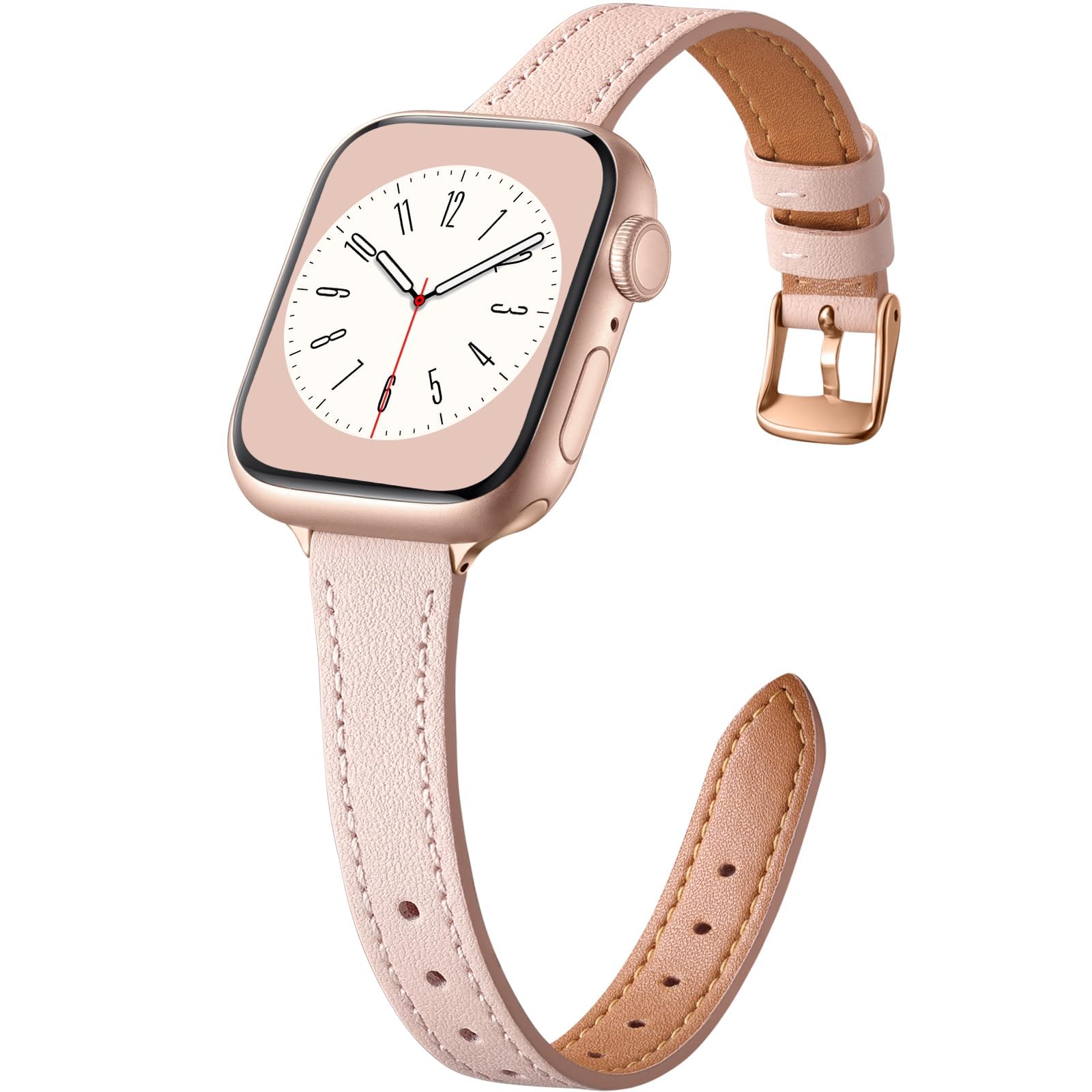 Upeak Slim Leather Straps Compatible with Apple Watch Strap 41mm 40mm 38mm, Genuine Thin Leather Replacement Band for Apple Watch Band/ iWatch Series 9 8 7 6 5 4 3 2 1 SE, Women Men, Sand Pink