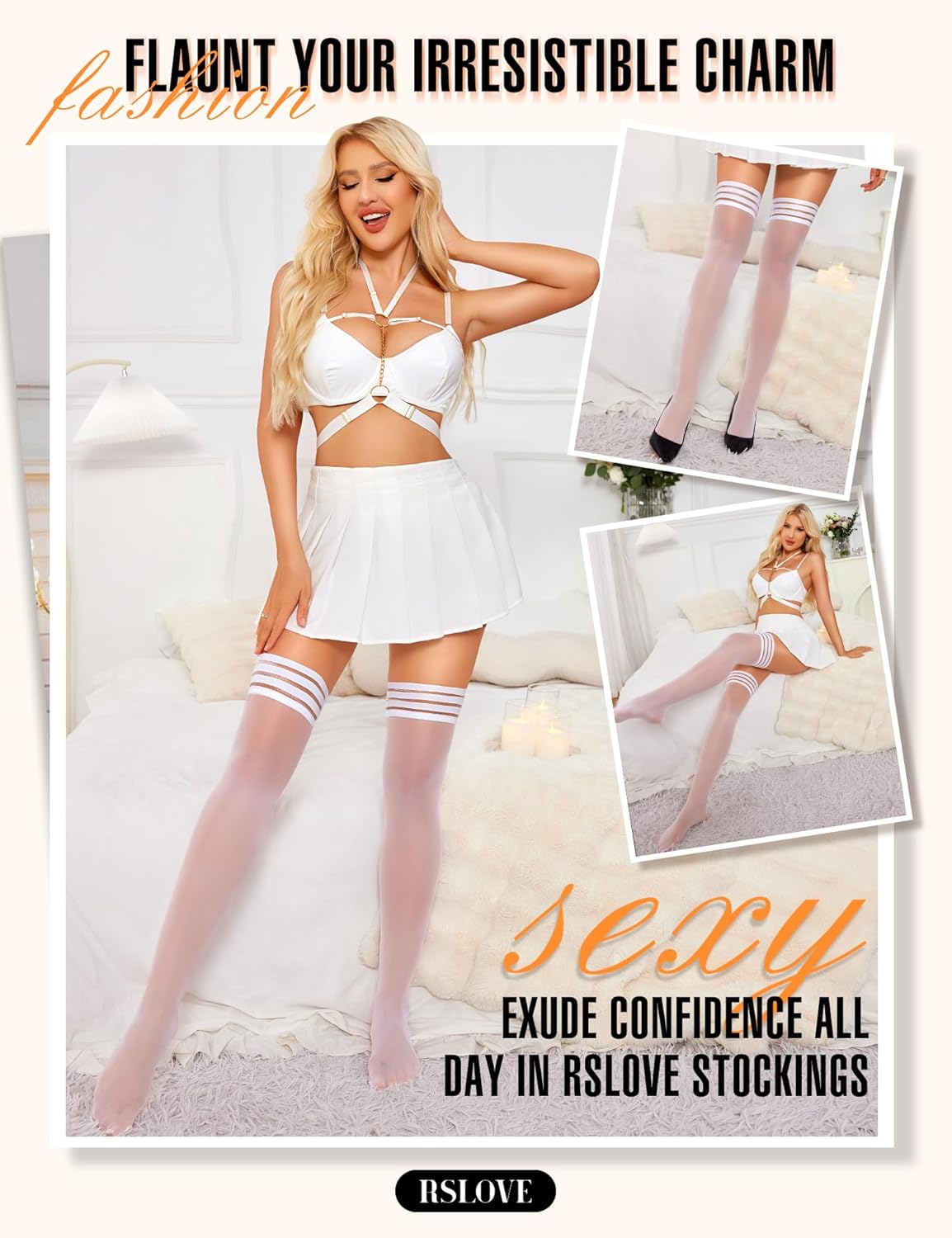 RSLOVE Thigh High Stockings for Women - Stripe Top with Anti-Slip Silicone Stay Up Sheer Pantyhose for Women - Image 4