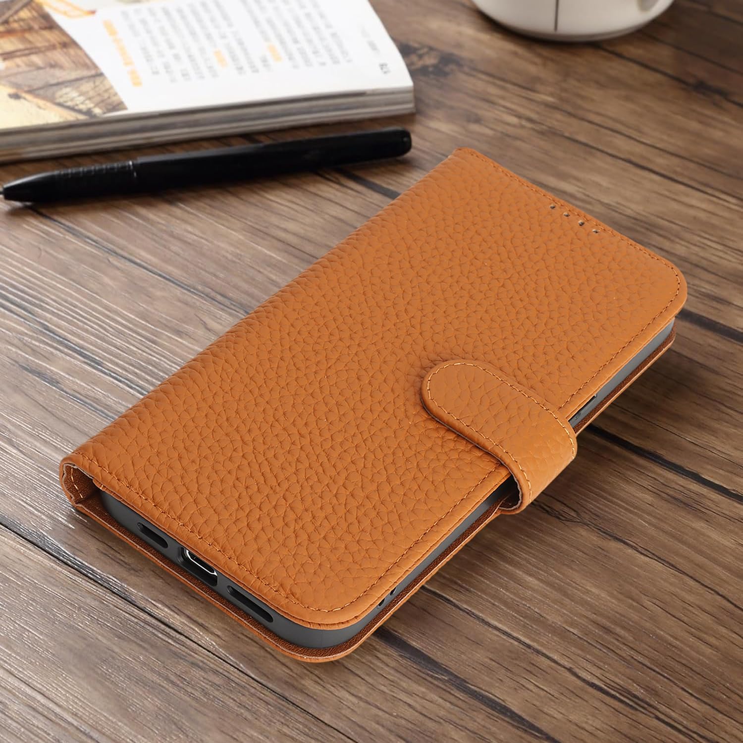 Zouzt Case for iPhone 12/12 Pro 6.1" Genuine Leather Wallet Case with 4 Card Slot, RFID Blocking Card Holder Magnetic Flip Folio Shockproof Phone Cover Women Men for iPhone 12/12 Pro - Amber - Image 6