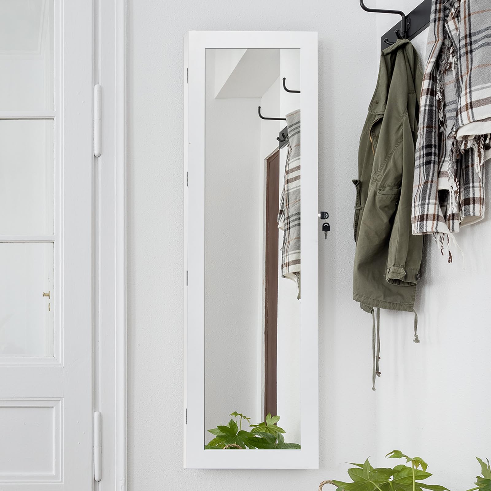 HOMASIS Espejo Joyero de Pared con LED y Cerradura, Armario Espejo Entero, Organizador Joyas, 4,6 cm, Blanco