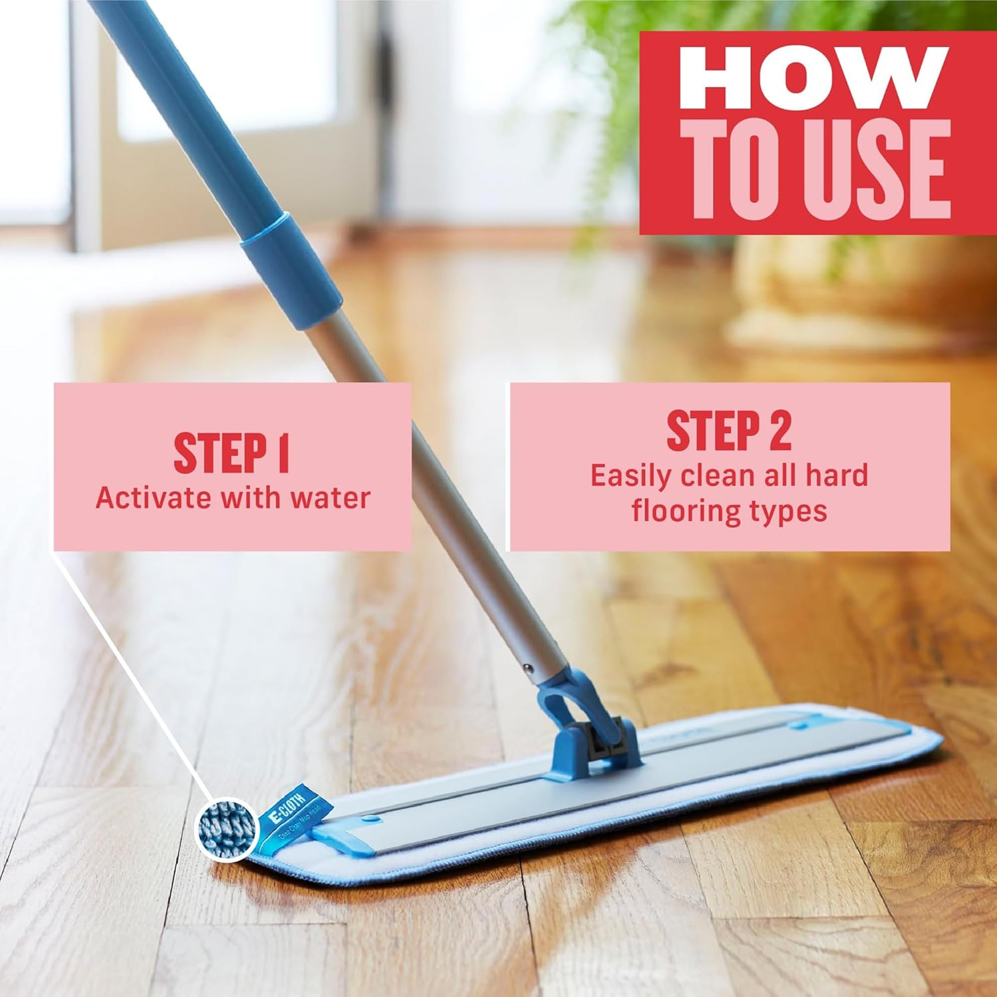 E-Cloth Trapeador de Microfibra para Limpieza de Suelos, Ideal para Suelos de Madera Dura, laminados, Azulejos y Piedra, Lavable y Reutilizable, con Mango telescópico, Azul y Plateado, 1 Paquete