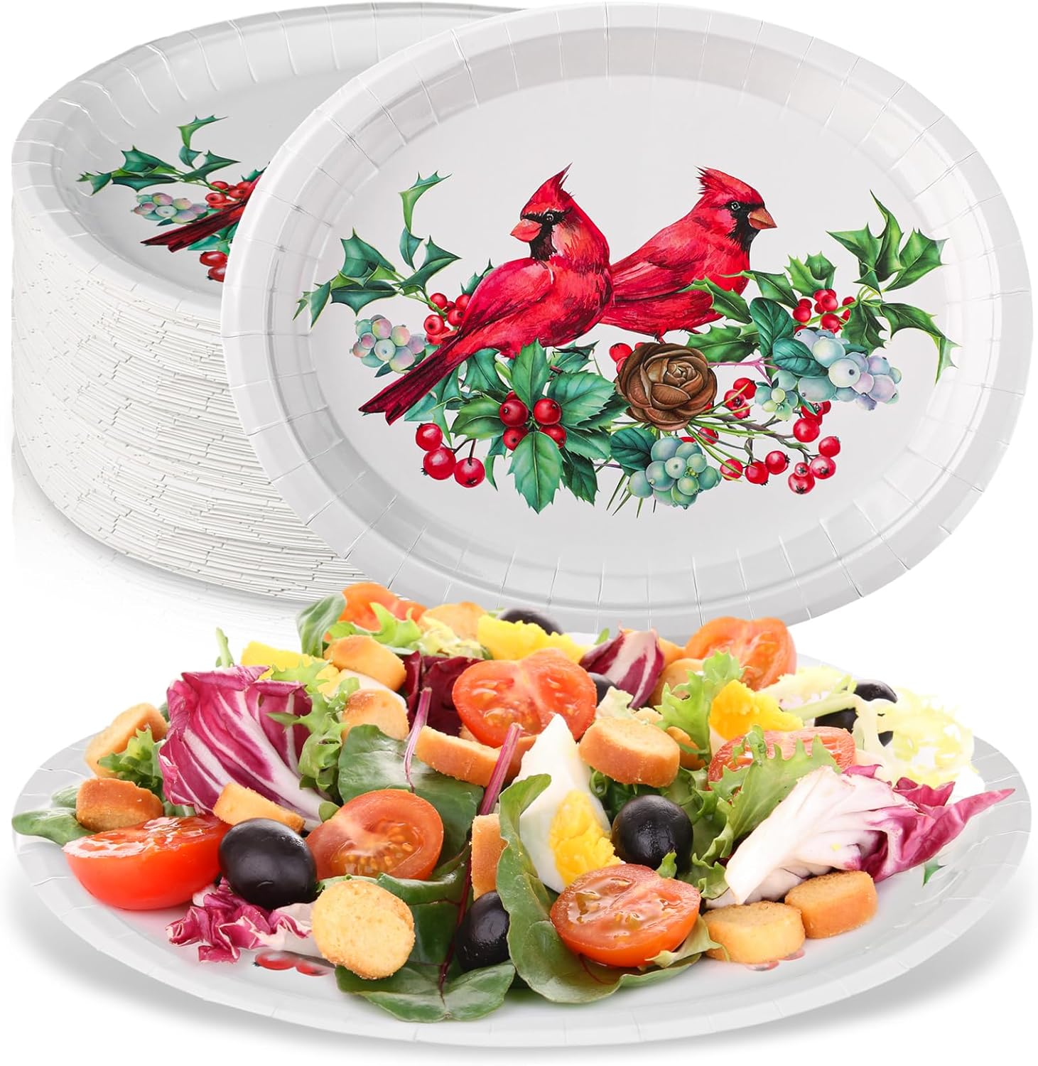 50 platos de papel ovalados de cardenal de Navidad de 10 x 12 pulgadas, platos de papel desechables de bayas de acebo, platos decorativos para cena,