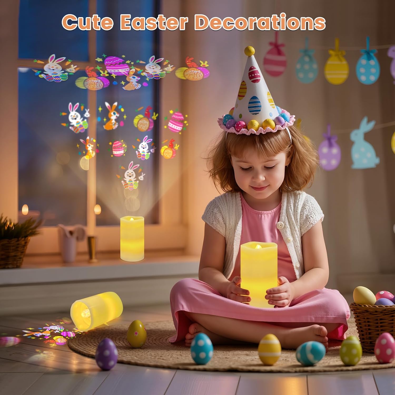 AVEKI Easter Flameless Candles Projector, Bunny and Egg LED Pillar Candles with Remote and Timer, Real Wax Battery Operated Projection Light for Spring Farmhouse Decor, Gifts for Women Mom (A-Easter)