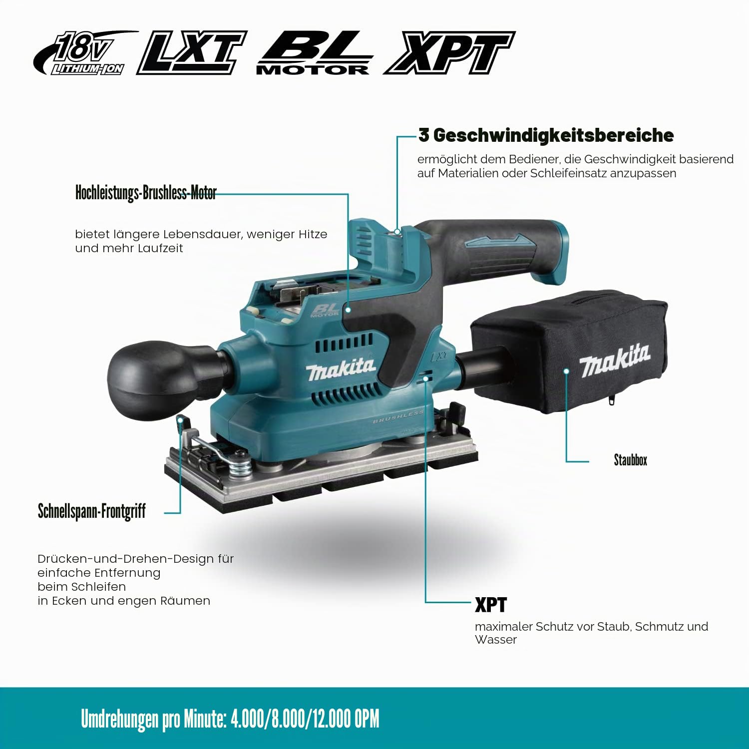 Makita DBO380Z Akku-Schwingschleifer 18V (ohne Akku, Ohne Ladegerät), Petrol/Schwarz