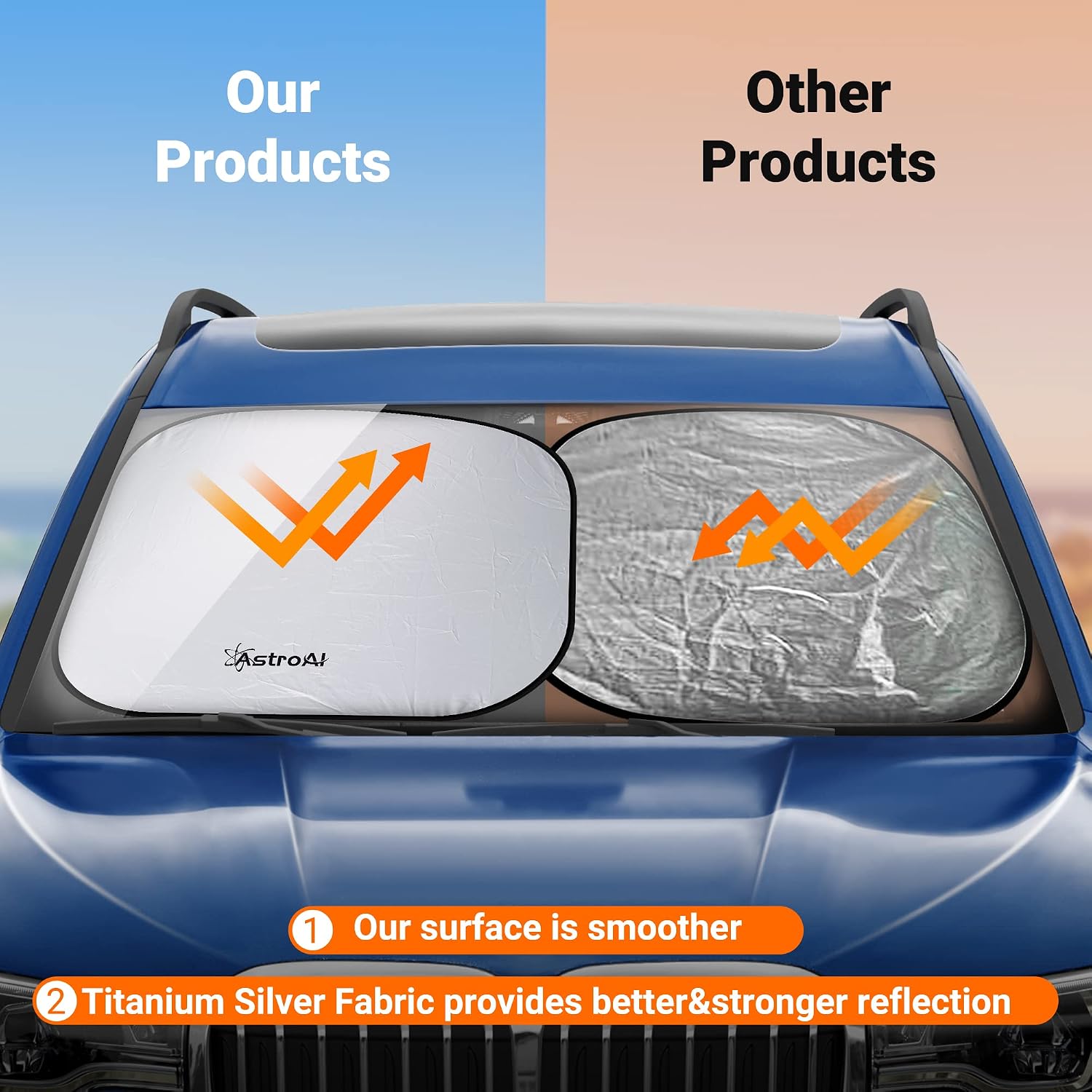 AstroAI Car Sun Shade Windshield -2 Piece Foldable Sunshade for Car Windshield Blocks Max UV Rays and Sun Heat, Titanium Silver Fabric Material, for Most Compact Sports Cars(Small 23.2 x 29.1 inches)