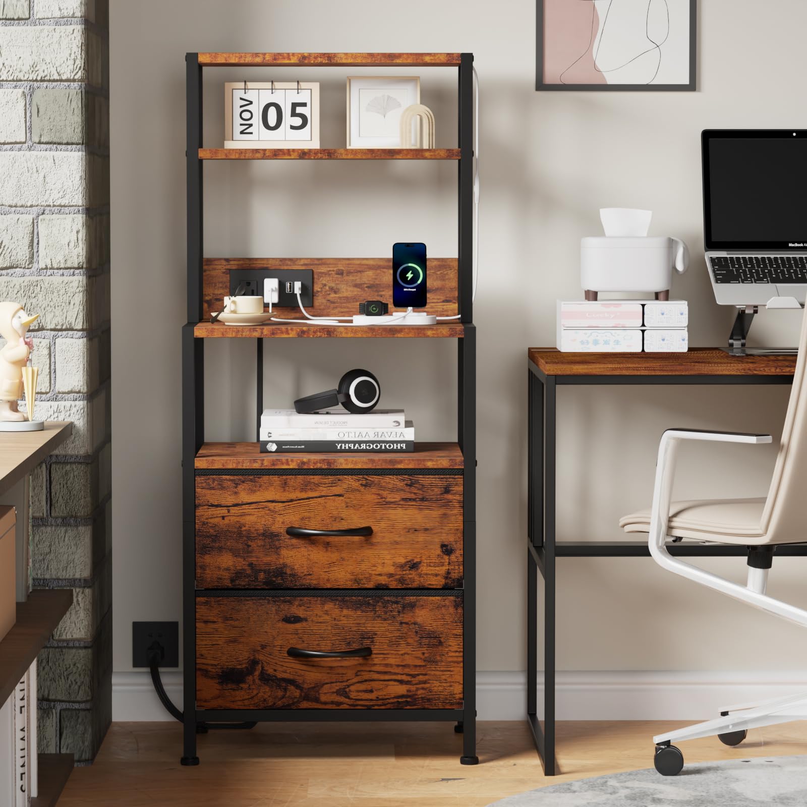 Furnulem 39inch Tall Nightstand with 2 Drawers and Charging Station, Bedside Table and Bookshelf 2 in 1, Night Stand for Bedroom, Home Office, Dorm, Rustic Brown