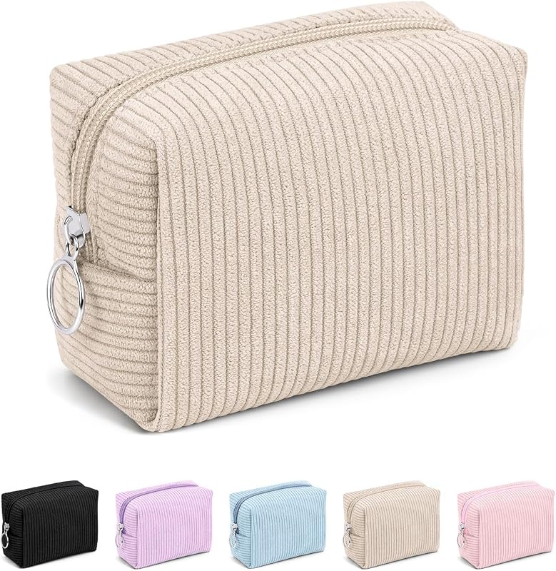 Necessaire de maquiagem MAGEFY em veludo cotelê Bege, com zíper e alça para pendurar