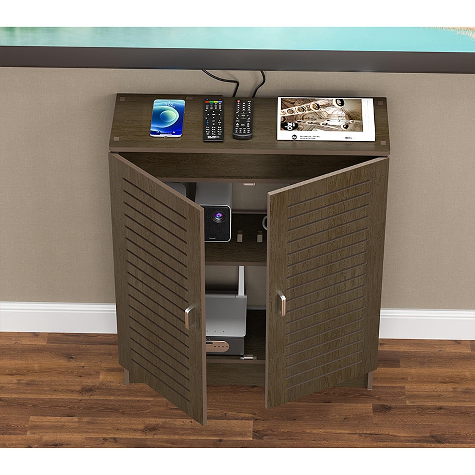 Meuble de rangement pour routeur Wi-Fi en noyer élégant pour salon chic