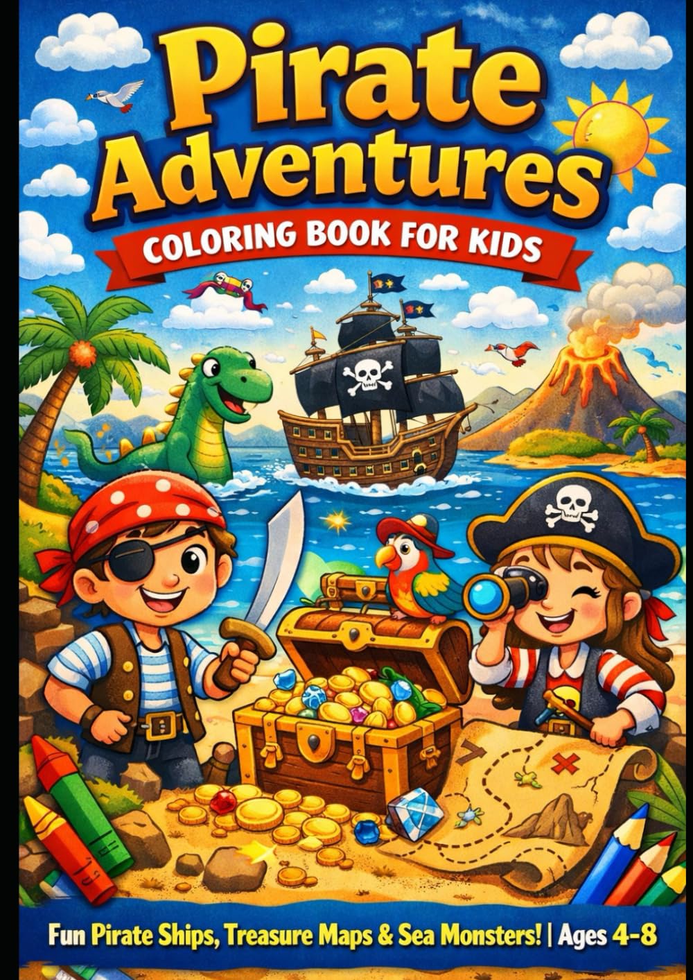 Pirate Adventures Coloring Book for Kids: Fun Pirate Ships, Treasure Maps, Sea Monsters & Brave Buccaneers | Ages 4–8