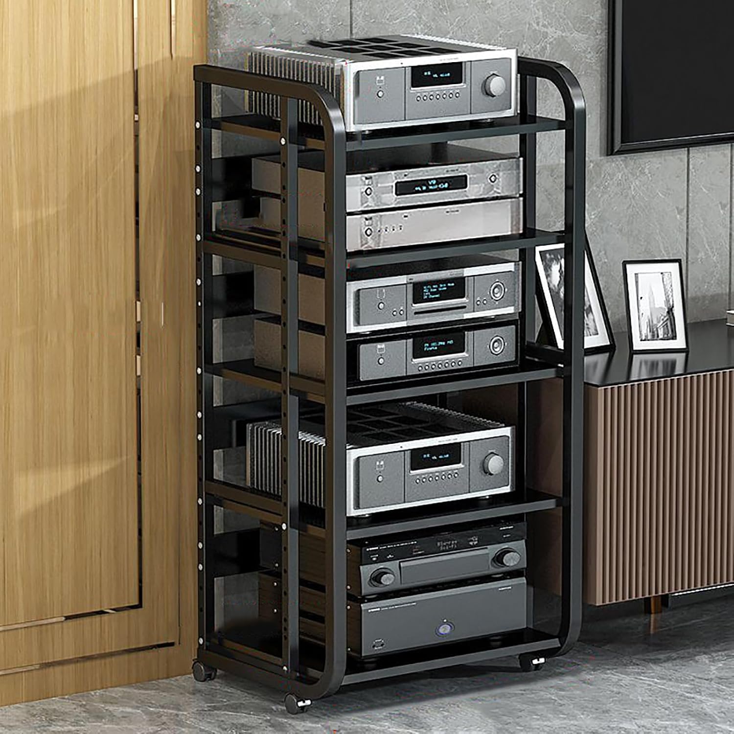 Audio Rack Storage Shelf Rack Open Shelf Storage Rack with Feet, 3/4/5 Tier Heavy Duty Amp Rack/AV Media Stand Shelf Audio Rack for Living Room Home Office,Black b,5 Tier