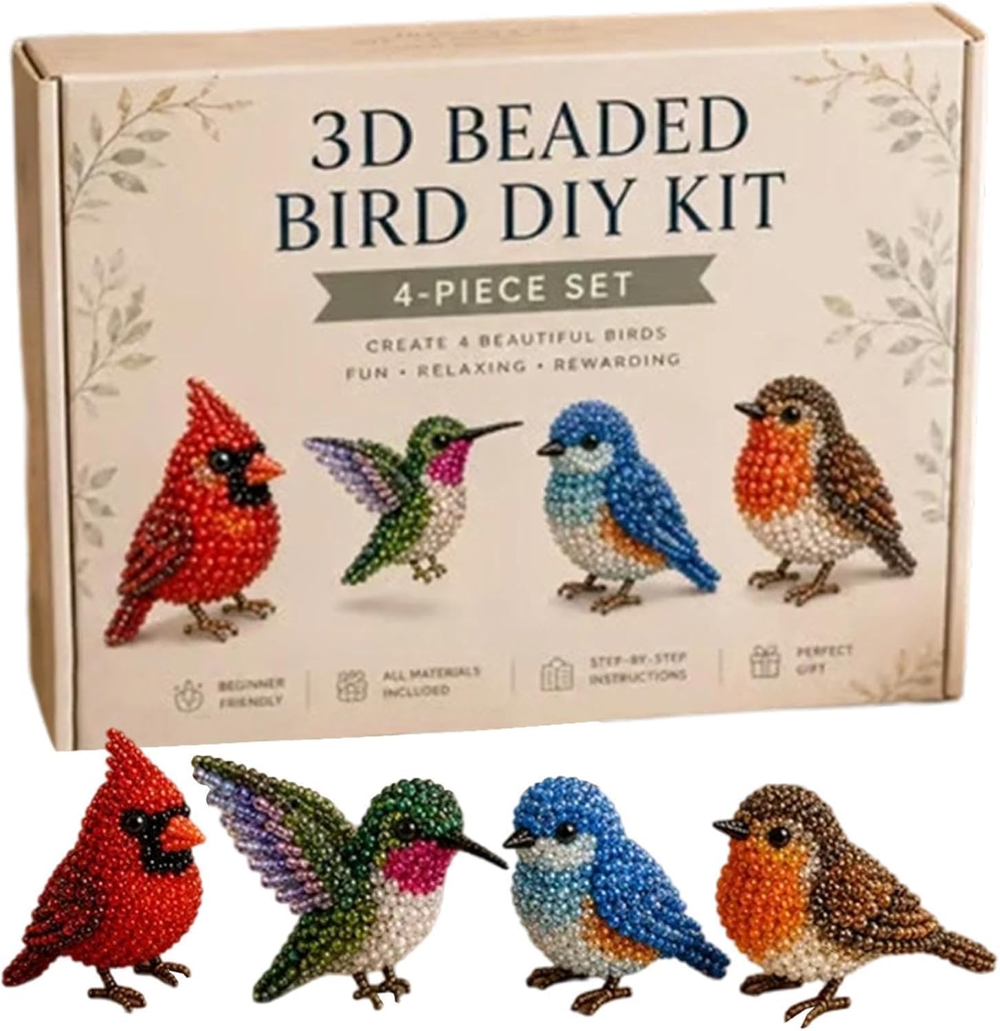 Embhlitfe 3D Beaded Animal Kit - DIY Craft Set with 4 Cute Designs (Birds)