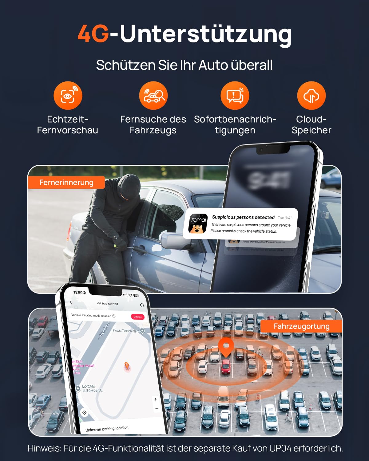 70mai A810S 4K Dashcam Auto Vorne Hinten, 4K+1080P Dual STARVIS 2 IMX678, HDR Night Owl Vision, WiFi App, 4G LTE, ADAS, 128GB