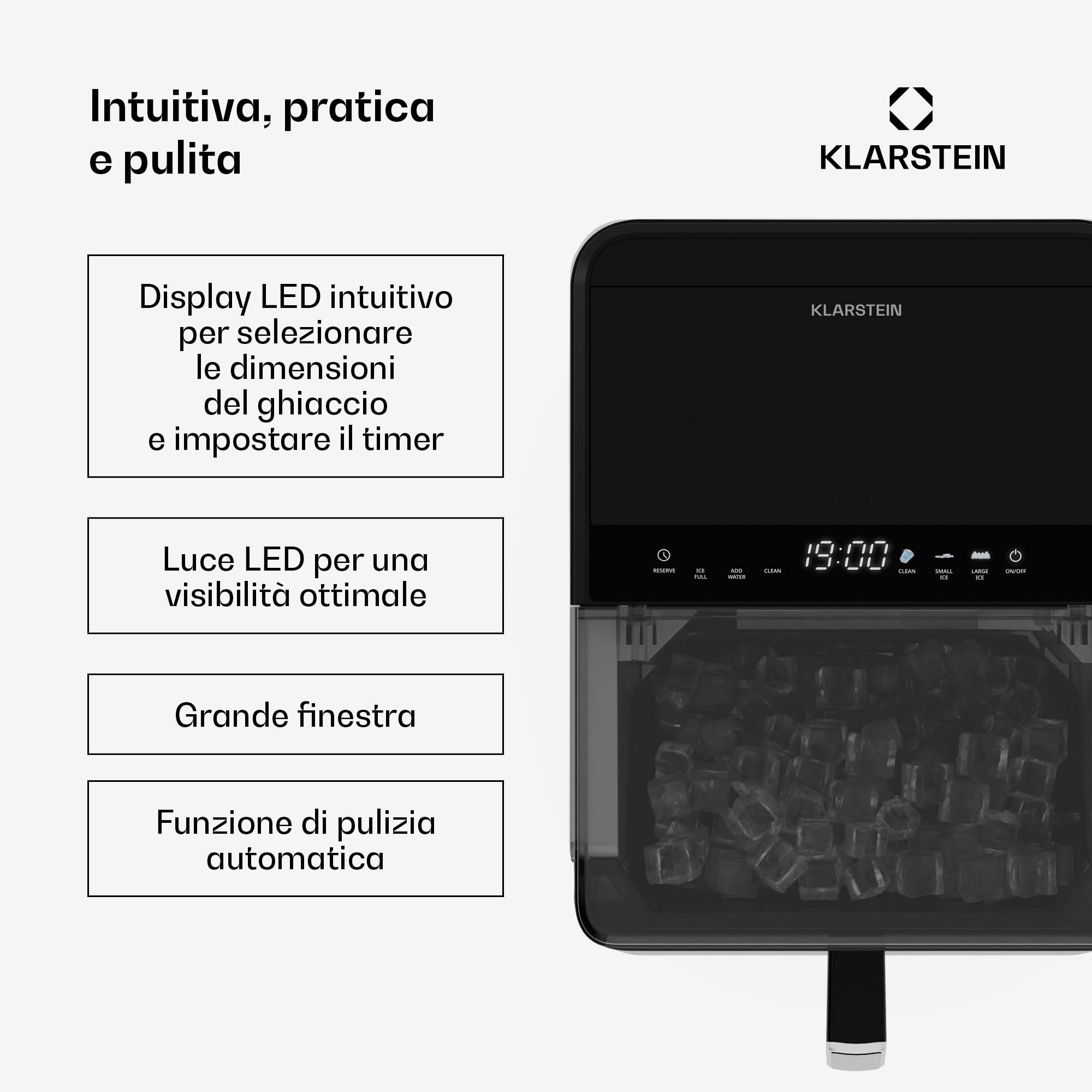 Klarstein - Macchina del Ghiaccio, Acciaio Inossidabile, 23kg/24h, 32 Cubetti/17 Min, Pulizia Automatica, Pannello di Controllo, Avviso del Livello Acqua, Design Moderno, Acciaio inossidabile