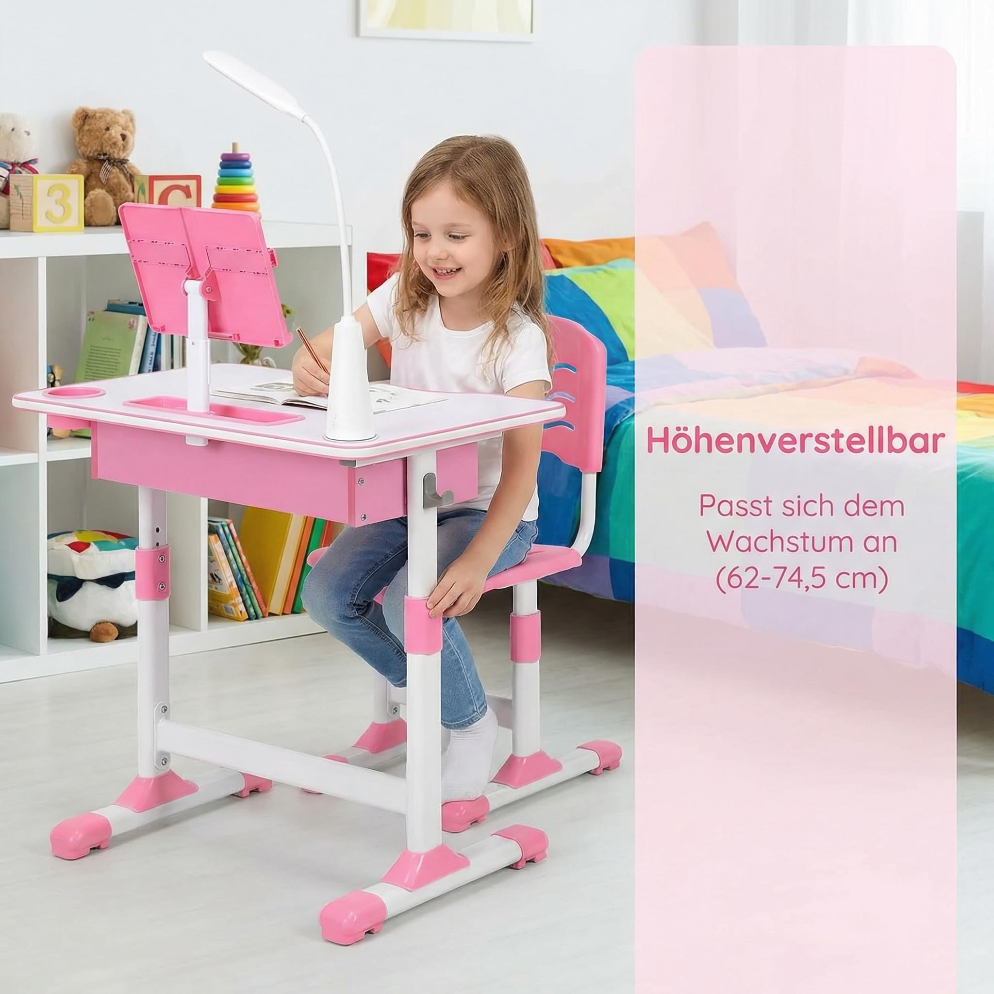 Escritorio para niños, altura regulable, escritorio juvenil, escritorio para estudiantes, mesa de estudiante, soporte para libros, cajón y silla ergonómica de escritorio (rosa)