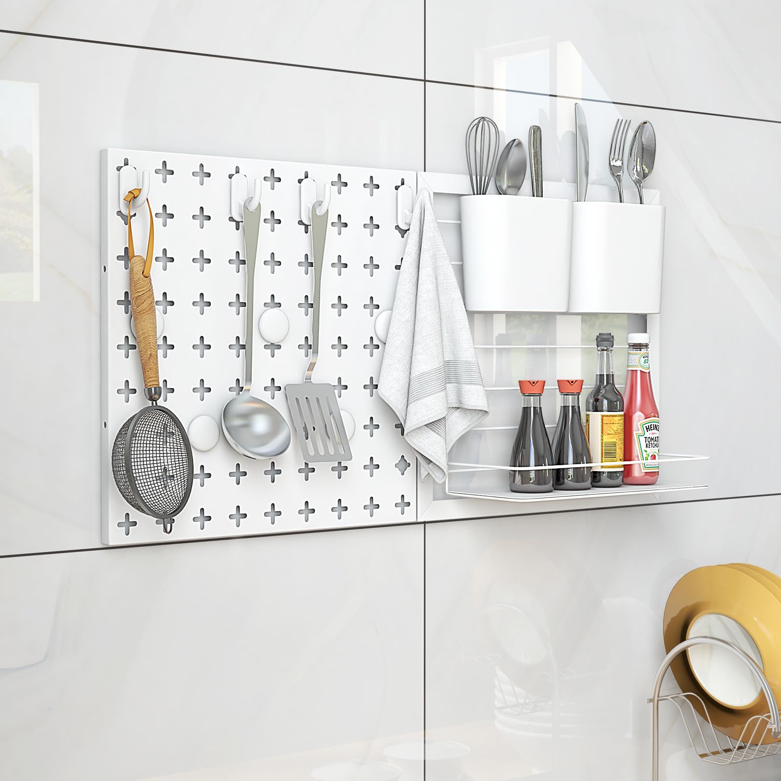COSTWAY Ścianka narzędziowa, 61 x 30 cm z 2 pojemnikami do przechowywania, 1 regałem, 5 magnesami i 4 haczykami, tablica do montażu na ścianie, odporna na obciążenie do 30 kg, płyta perforowana do