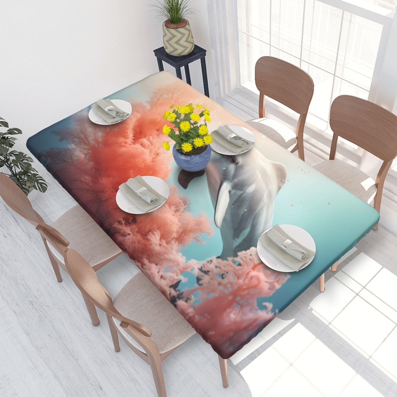 Dolphin On Coral Waterproof Square Table Cover Elastic Fitted Tablecloth Oil Proof Table Protector For 4ft Table