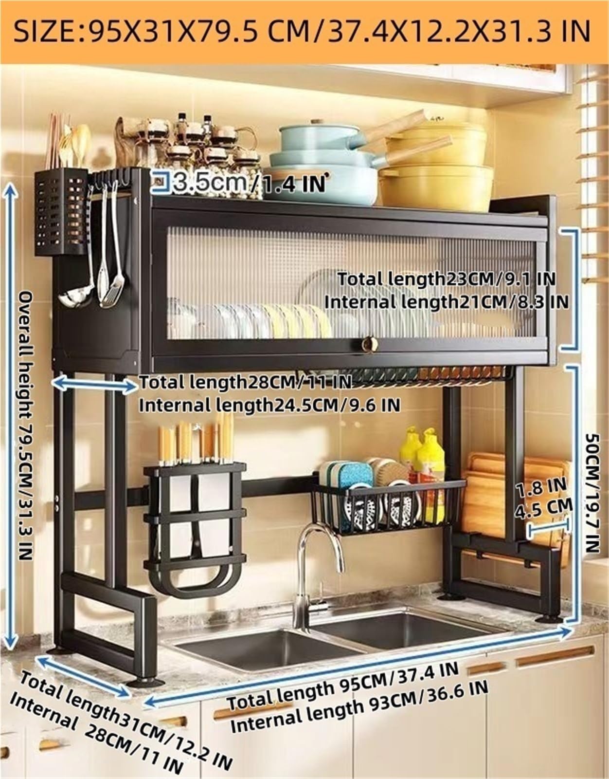 Tidy Home Furnishing 3-poziomowy ociekacz do zlewu – ociekacz kuchenny z metalu z pokrywką zapewnia oszczędność miejsca (biały, 95 cm)