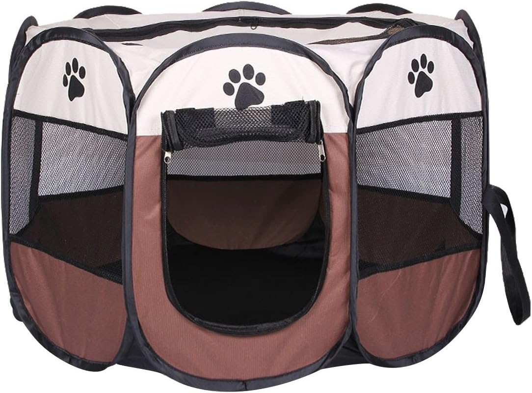 REAYOU Pet Play Pen With Waterproof Fabric Suitable for Puppy Dogs Cats and Rabbits Portable and Foldable, Brown (L)