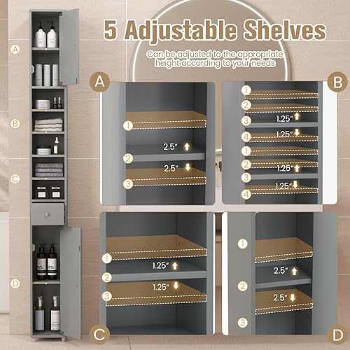 Miniatura 4 de GOFLAME Armario de almacenamiento estrecho de 71 pulgadas de alto, armario de baño con 1 cajón, 2 puertas y 5 estantes abiertos, gabinete de