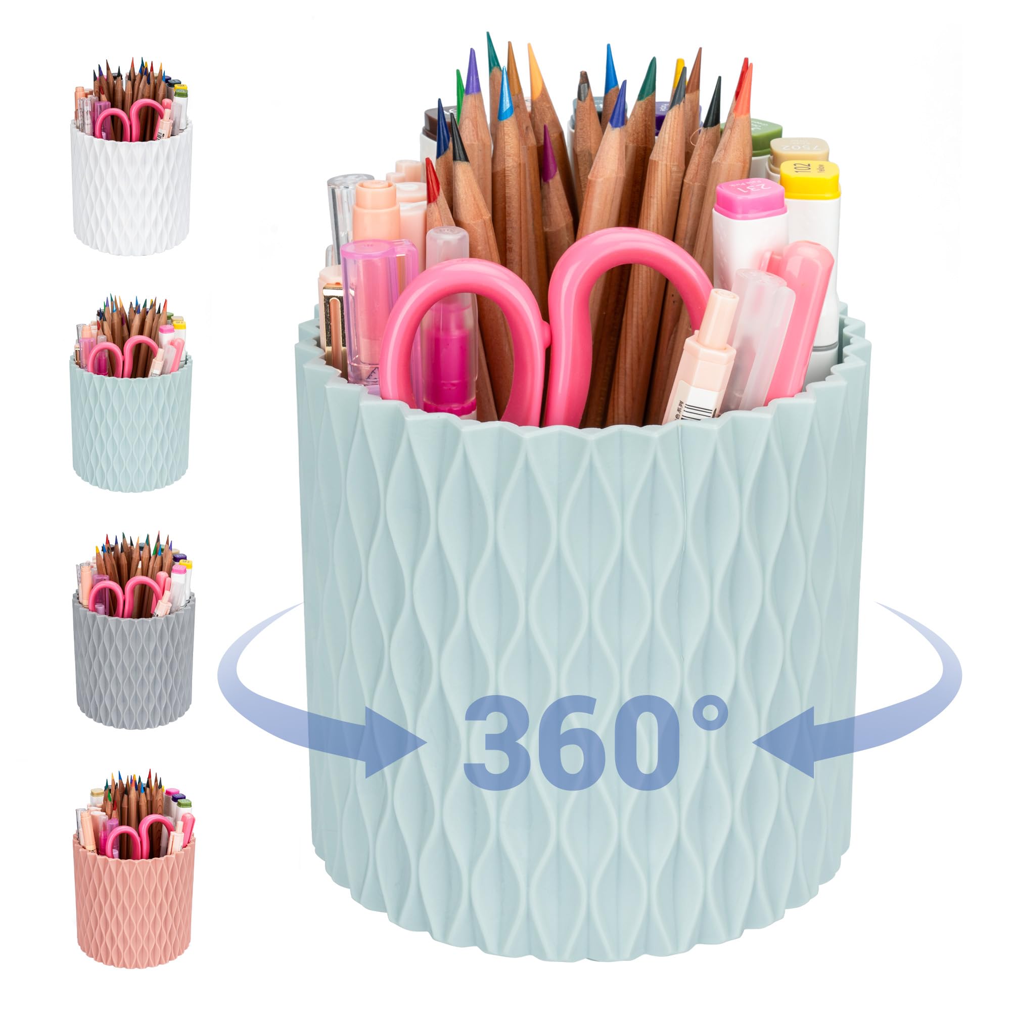 4Johor Pencil Holder - 360° Rotation, 5 Slot Desk Supplies For Women Office Aesthetic. Pen Holder For Office&School, Desk Accessories(Blue)