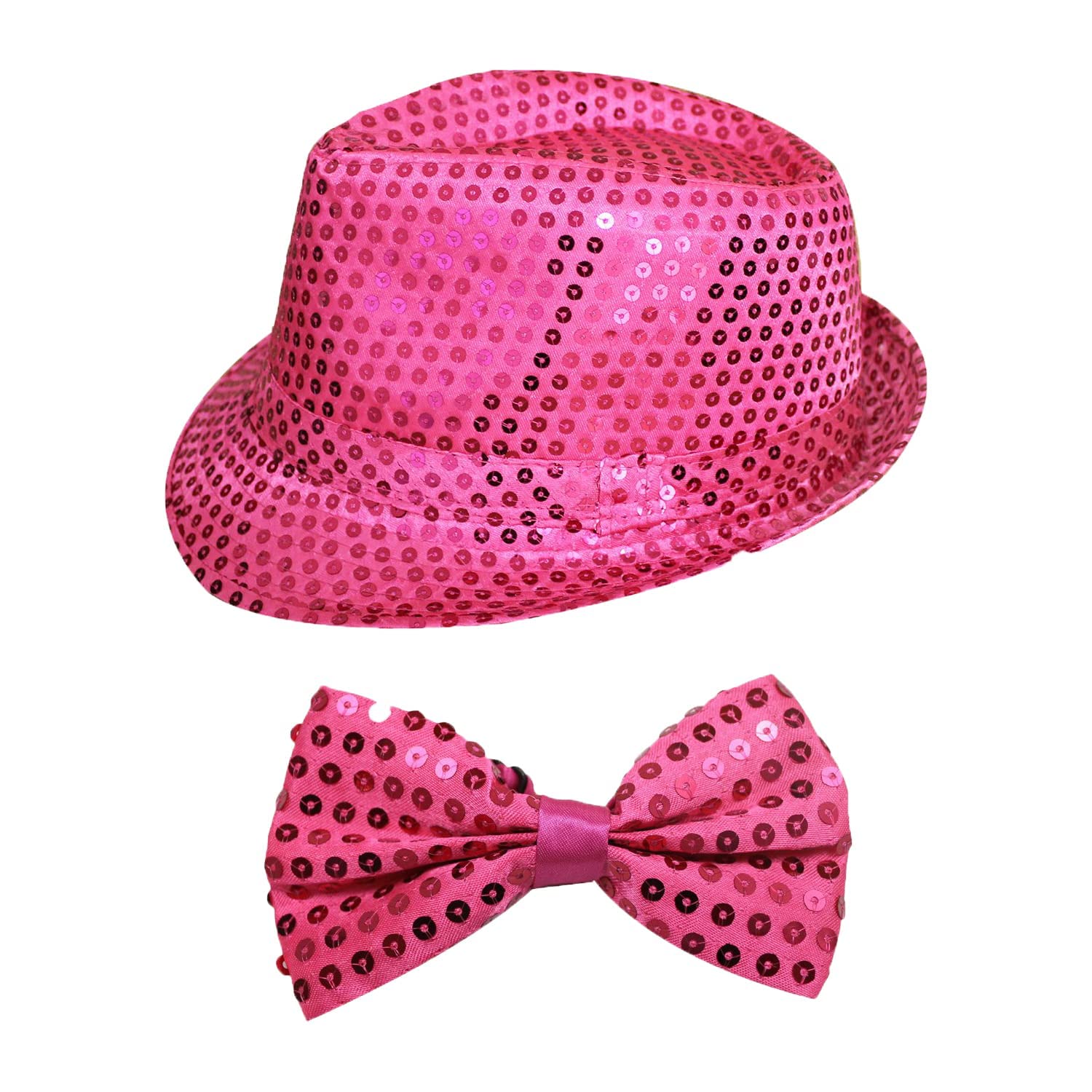 2 Piece Adults Pink Hat & Bowtie Set - Sequin Fedora Hat & Bowtie - Perfect for Dance Shows, Stage Shows and Fancy Dress Events