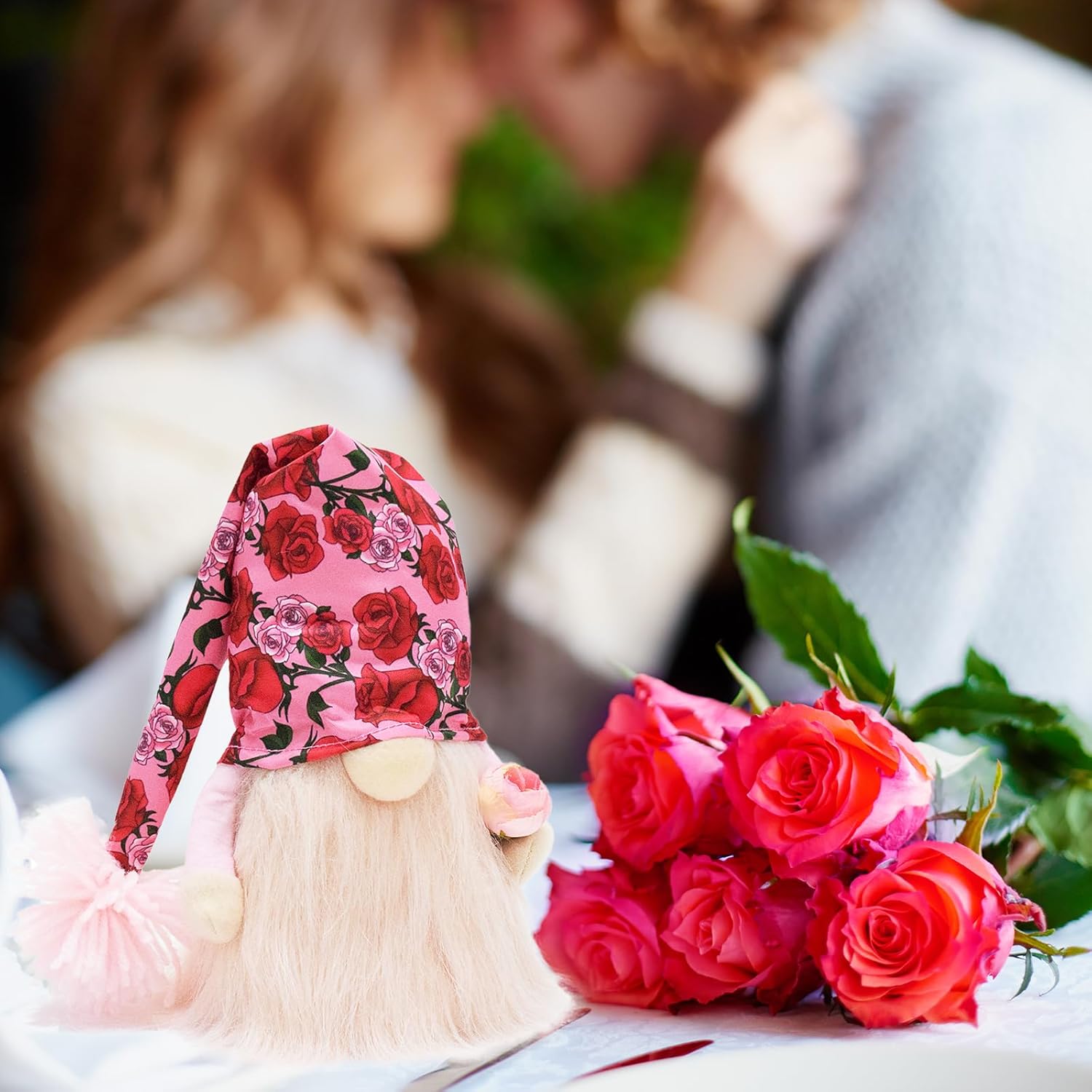 Attiigny Handmade Valentine's Day Gifts Gnome Plush,Romantic Saint Valentine Tiered Tray Party Decoration Doll,Sweet Rose Pattern Anniversary Present for Him and Her