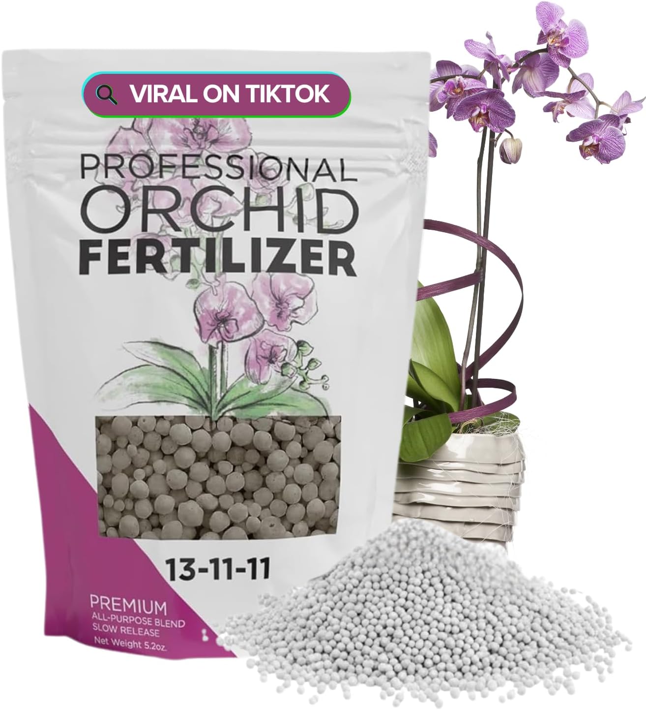 Orchid Fertilizer Pellets |13-11-11 Slow Release Pellets for Seedlings and Mature Plants | Multi-Purpose Blend & Gardening Supplies, No Fillers | 5.2 oz Resealable Packaging