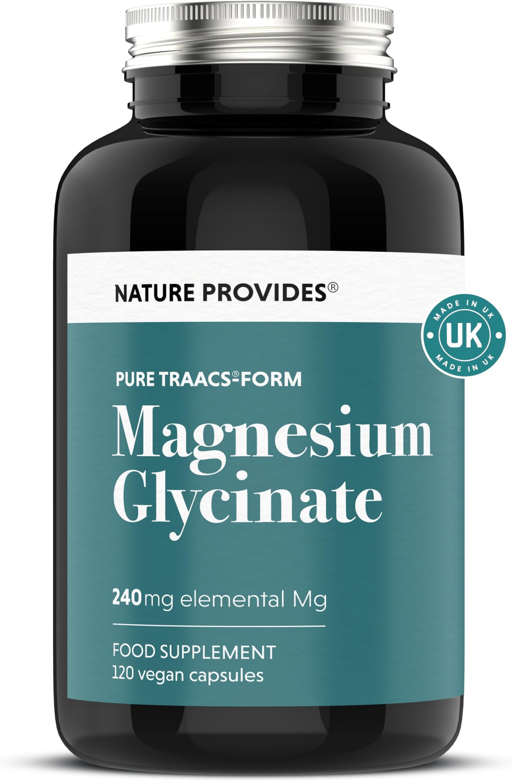 Nature Provides Magnesium Glycinate Capsules - TRAACS Chelated Magnesium Bisglycinate 240mg Elemental - 120 Vegan Capsules - No Fillers - High Strength Supplement - UK Made