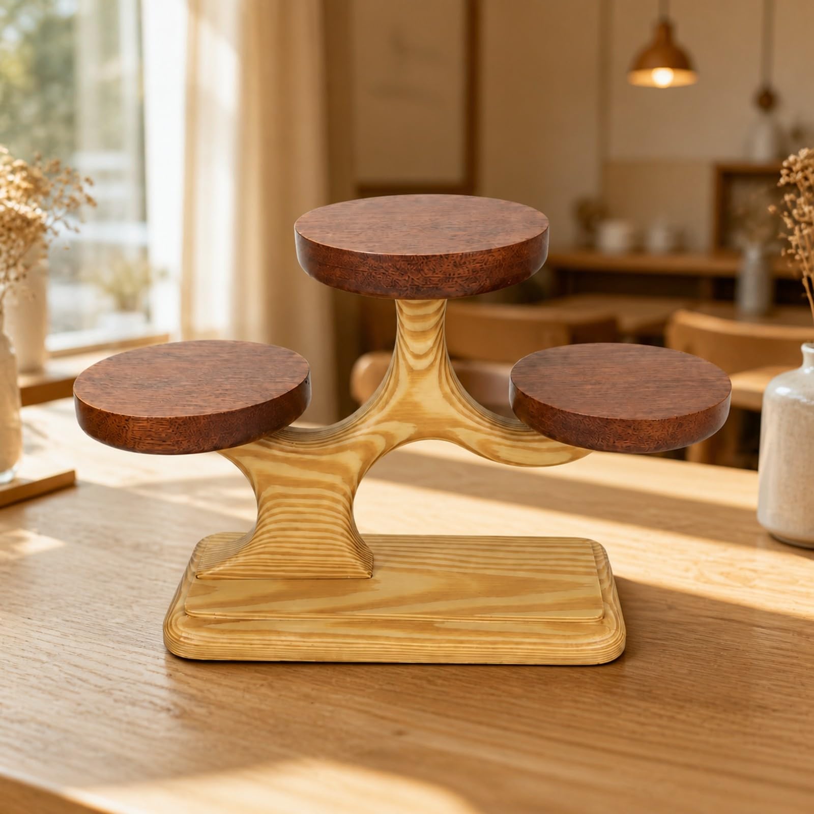 Espositivo in Legno a Livelli Stabile Alzatina a Piattaforme Rotonde Rustico per Servizio, Esposizione Frutta, tè Pomeridiano