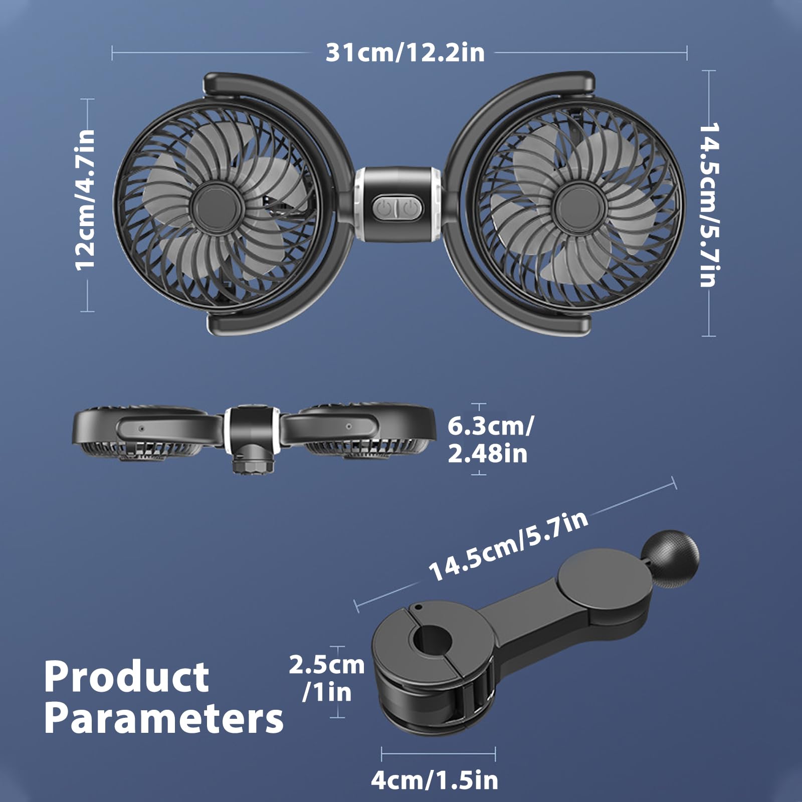 Ventilateur Voiture 12V, Ventilateur de Voiture Double Tête USB, Ventilateur de Refroidissement de Voiture Double Tête, 3 Vitesses Réglables, Rotation à 360° Ventilateur Portable Voiture pour SUV/RV