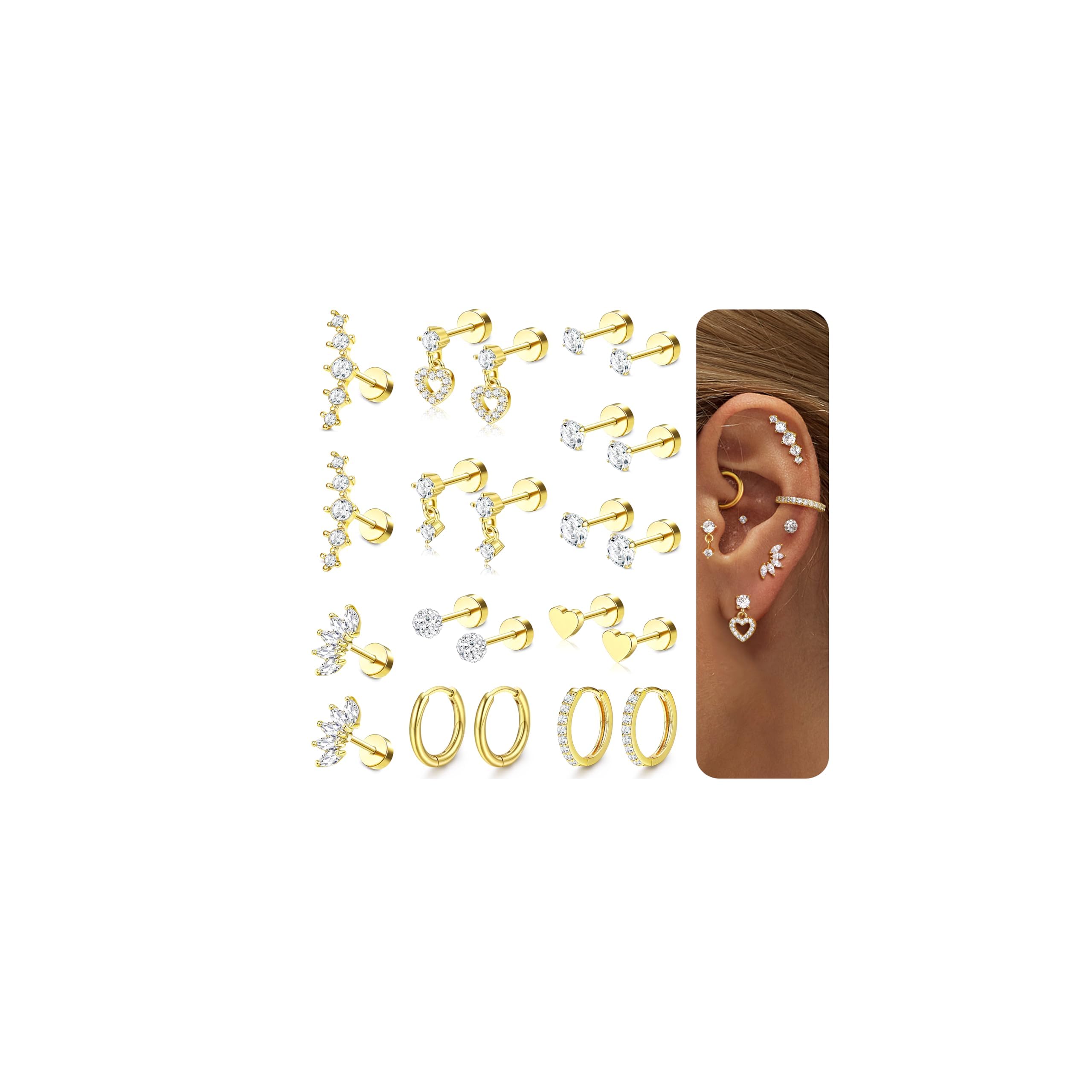 11 Paar Tragus-Piercing-Schmuck, chirurgischer Stahl, hypoallergen, Flache Rückseite, Ohrringe für Damen, Silber/Gold, Huggie-Creolen, Tragus-Ohrstecker, Labret, Daith Rook Conch,