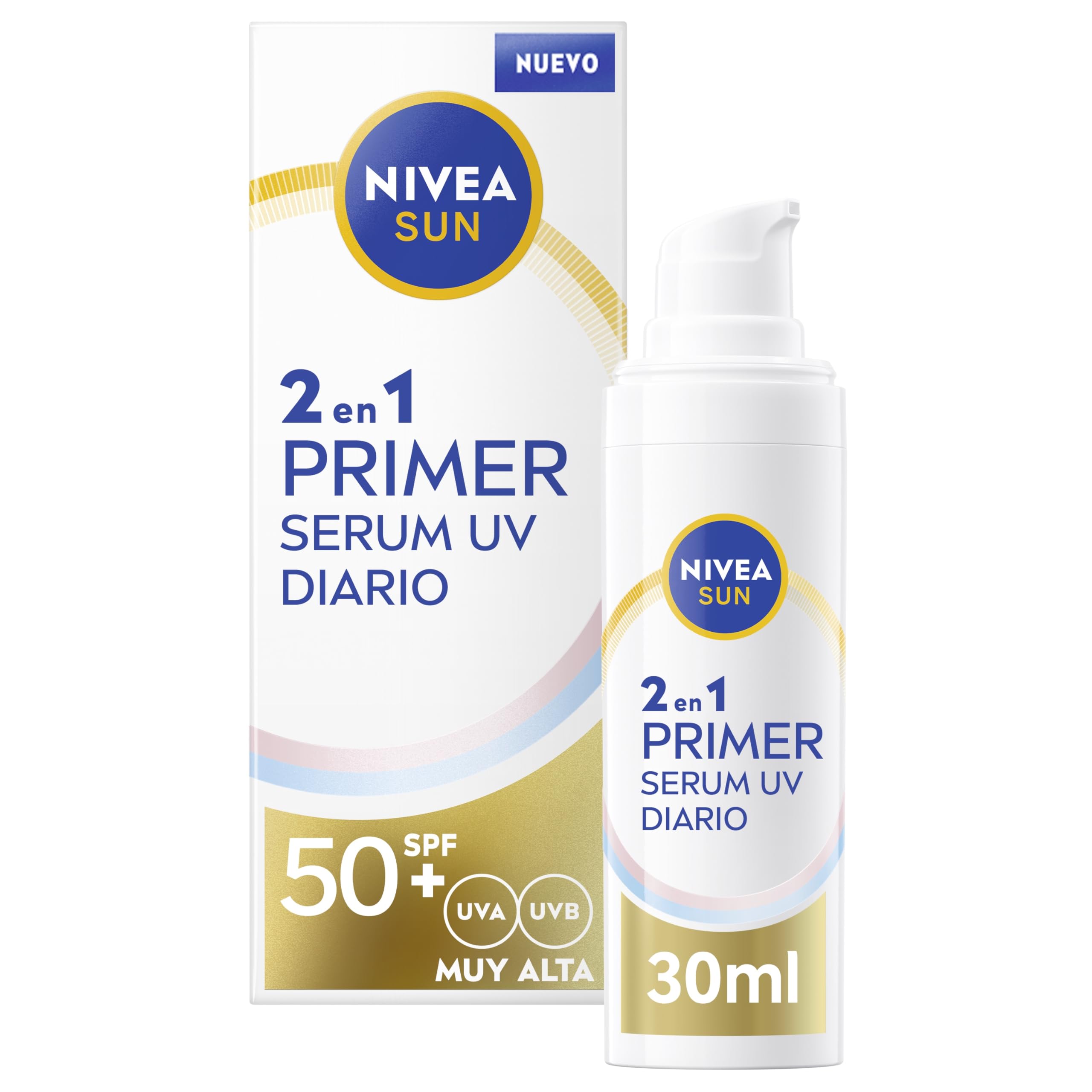 Nivea Sun Primer Sérum UV Diario 2en1, sérum facial con protección solar SPF 50+, protector solar facial que protege y suaviza la piel, con Ácido Hialurónico y Licocalcón A, 1 x 30 ml
