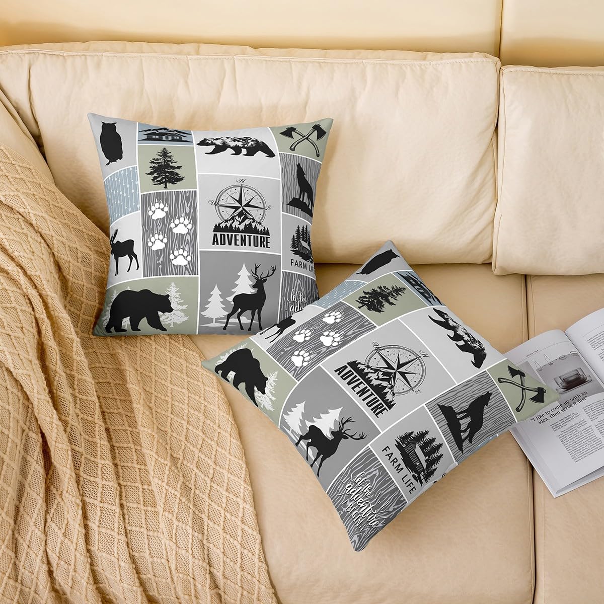 Adventure Cabin Throw Pillow Covers Wild Animals Bear Deer Wolf Decor Pillow Cases for Kids Teens Adults Wooden Stripes Grid Rustic Farmhouse Cushion Covers for Party Sofa Bed 24x24 Inch Set of 2