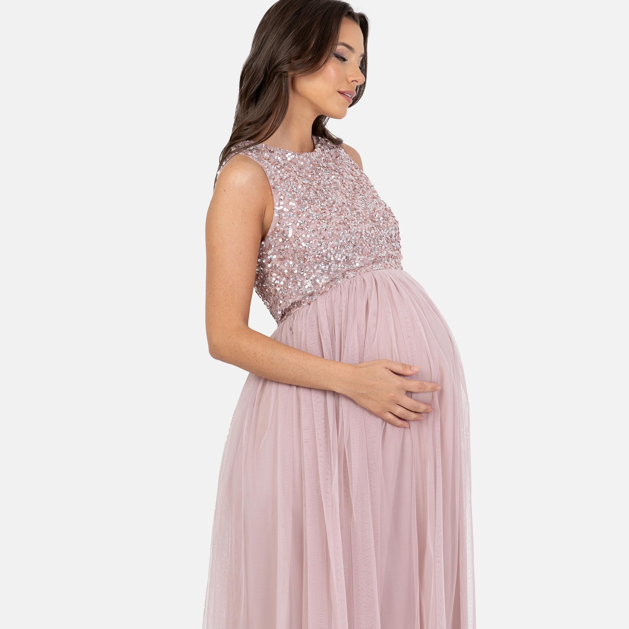 Maya Deluxe Womens Ladies Maternity Dress for Pregnant Wedding Guest Midaxi Sleeveless Sequin Embellished Tulle Crew Neck Bridesmaid Vestito da Damigella d'Onore Donna (Pacco da 1)