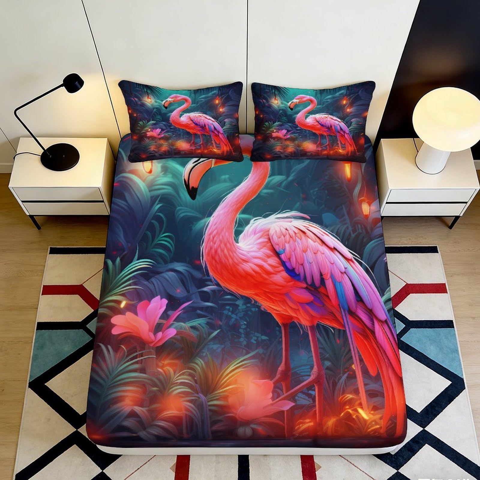 3D Printed Flamingo Tropical Fitted Sheet Microfiber Soft Breathable Jungle Bed Cover for Bedroom Dormitory Guest Room Mattress Protection Decor 180x200x25cm