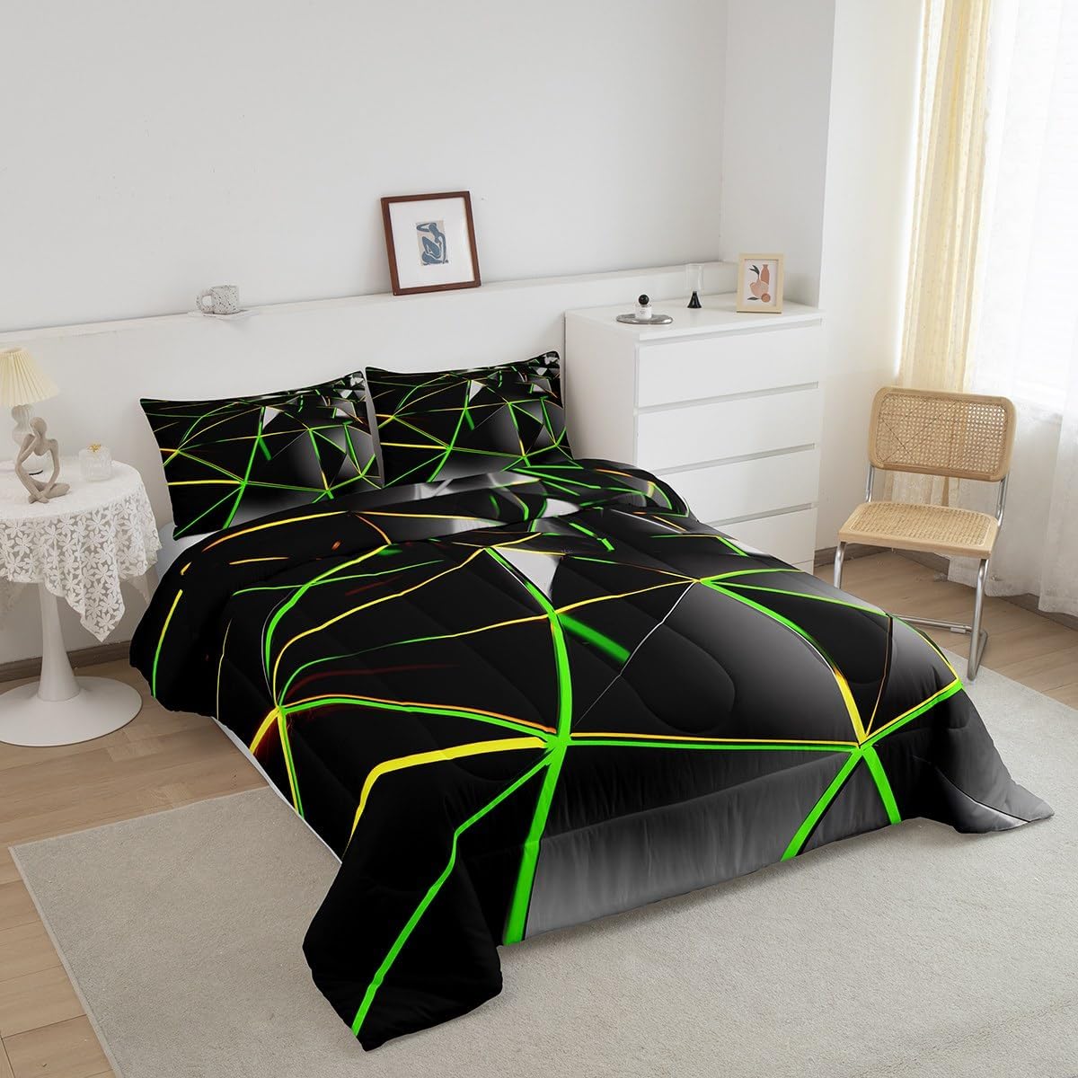 Feelyou Hexagon Comforter Stereoscopic Honeycomb Comforter Set for Kids Green Black Beehive Bedding Set Geometric Honeycomb Duvet Simplistic Room Decor Quilt Queen Size Boys