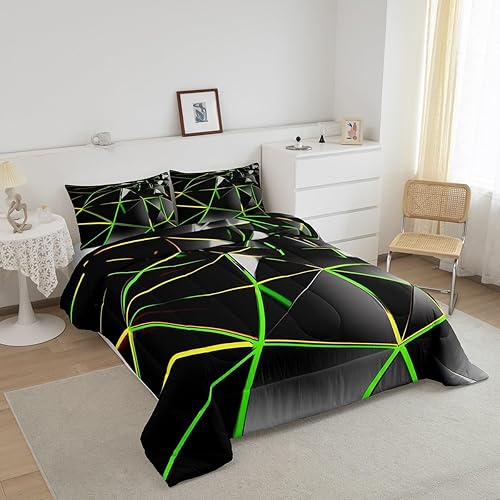 Miniatura 3 de Juego de edredón geométrico hexagonal estereoscópico de panal para niños, juego de ropa de cama de colmena verde y negro, juego de edredón