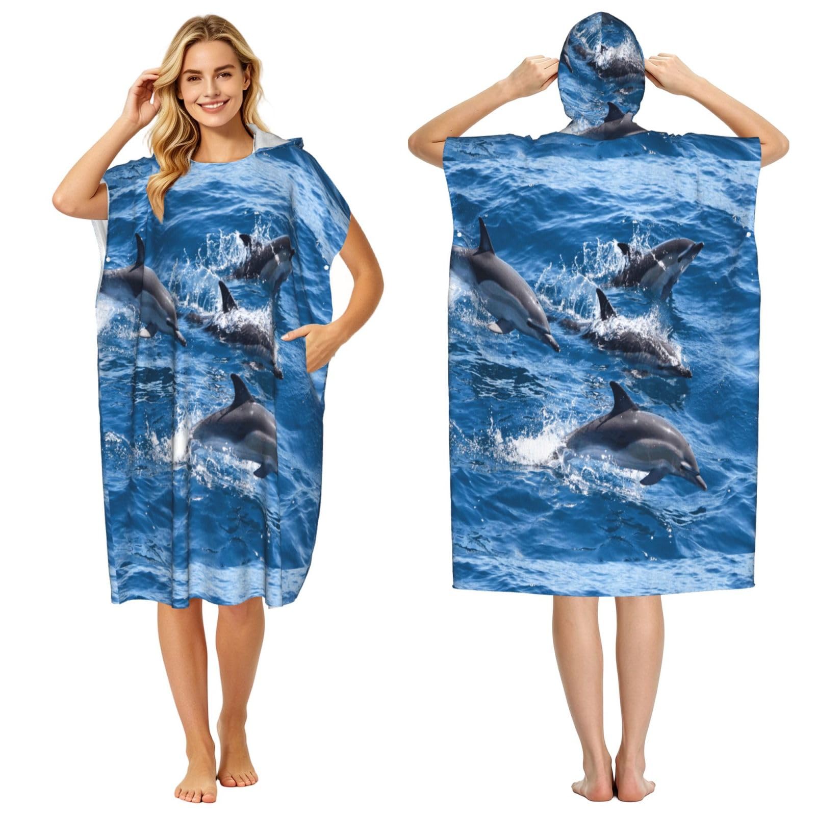 Poadnly Dolphins In The Sea, Adult Hooded Beach Towel 90 x 110 cm,Changing Bath Robe, Surf Poncho Towel For Women Men